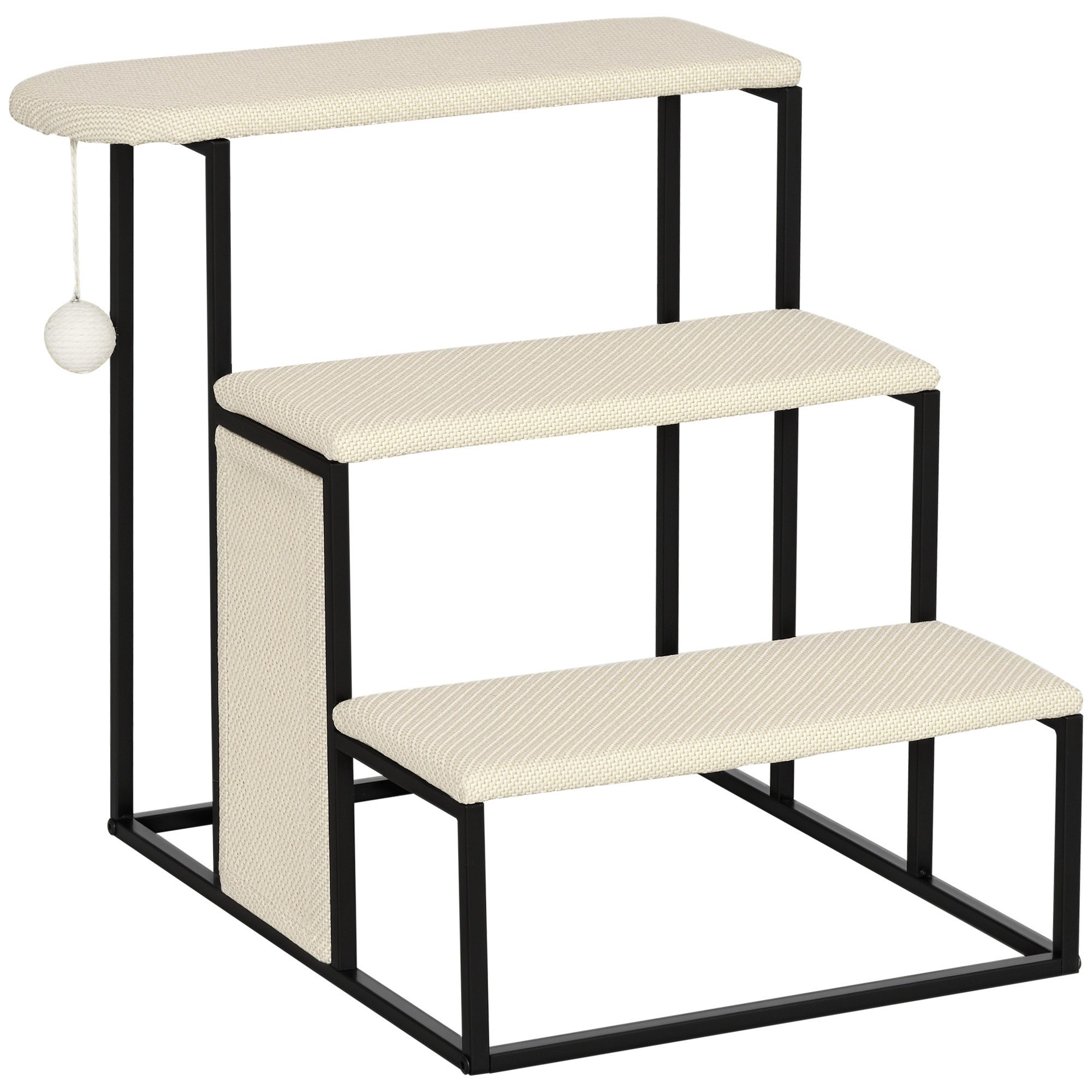 PawHut Haustiertreppe 3-stufige Katzentreppe Hundetreppe mit Kratzbrett und Spielball (Haustierleiter, 1-St., Tiertreppe), Cremeweiß+Schwarz 51 x 54 x 53 cm