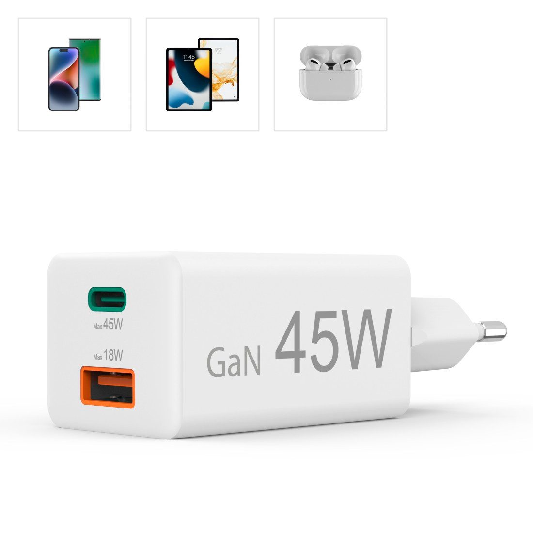 Hama USB-Ladegerät (Schnellladegerät, Netzteil, 1x USB-C, 1x USB-A, 45 W) Schnelllade-Gerät (1-tlg)