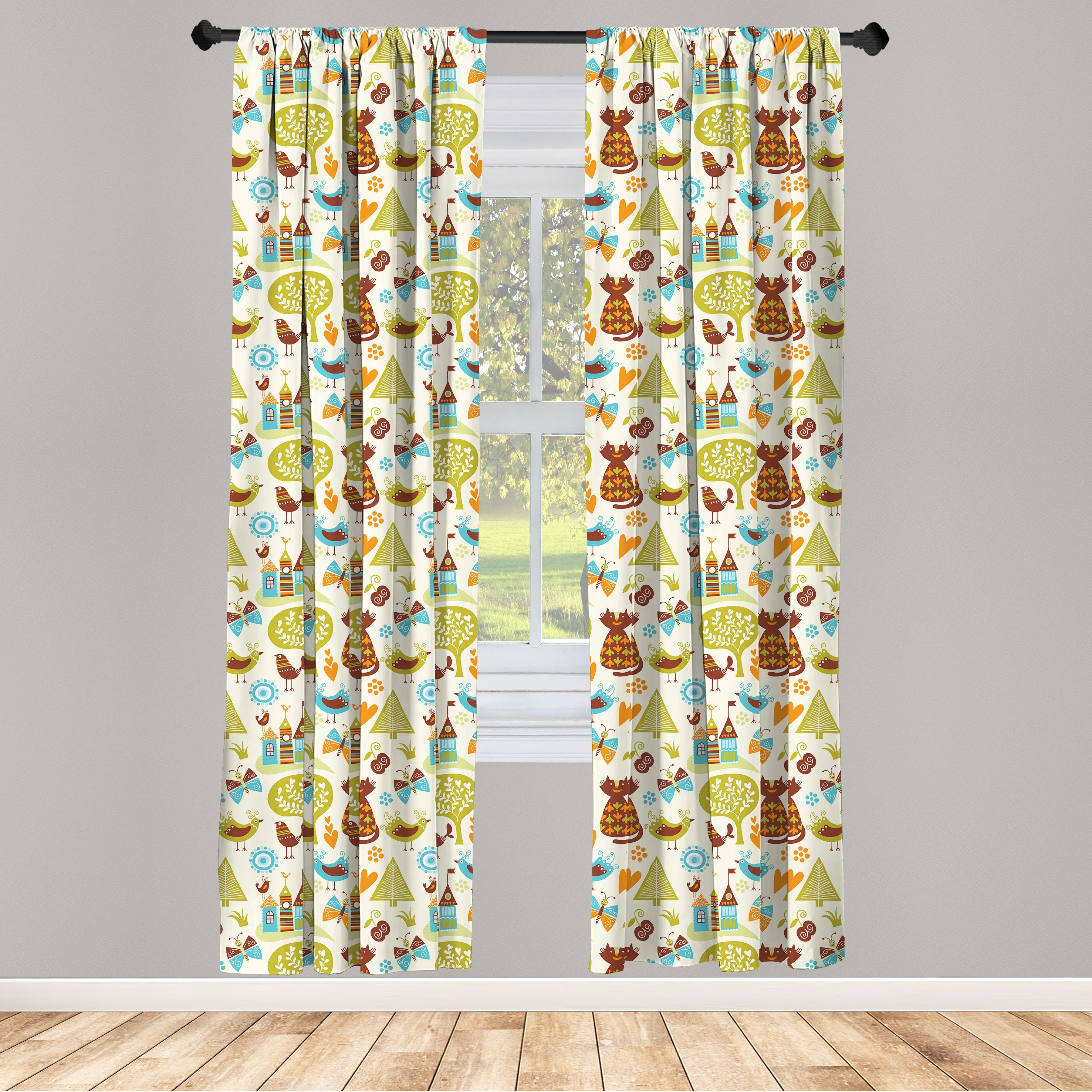 Gardine Vorhang für Wohnzimmer Schlafzimmer Dekor, Abakuhaus, Microfaser, Katzen Katzen Vögel Schmetterling