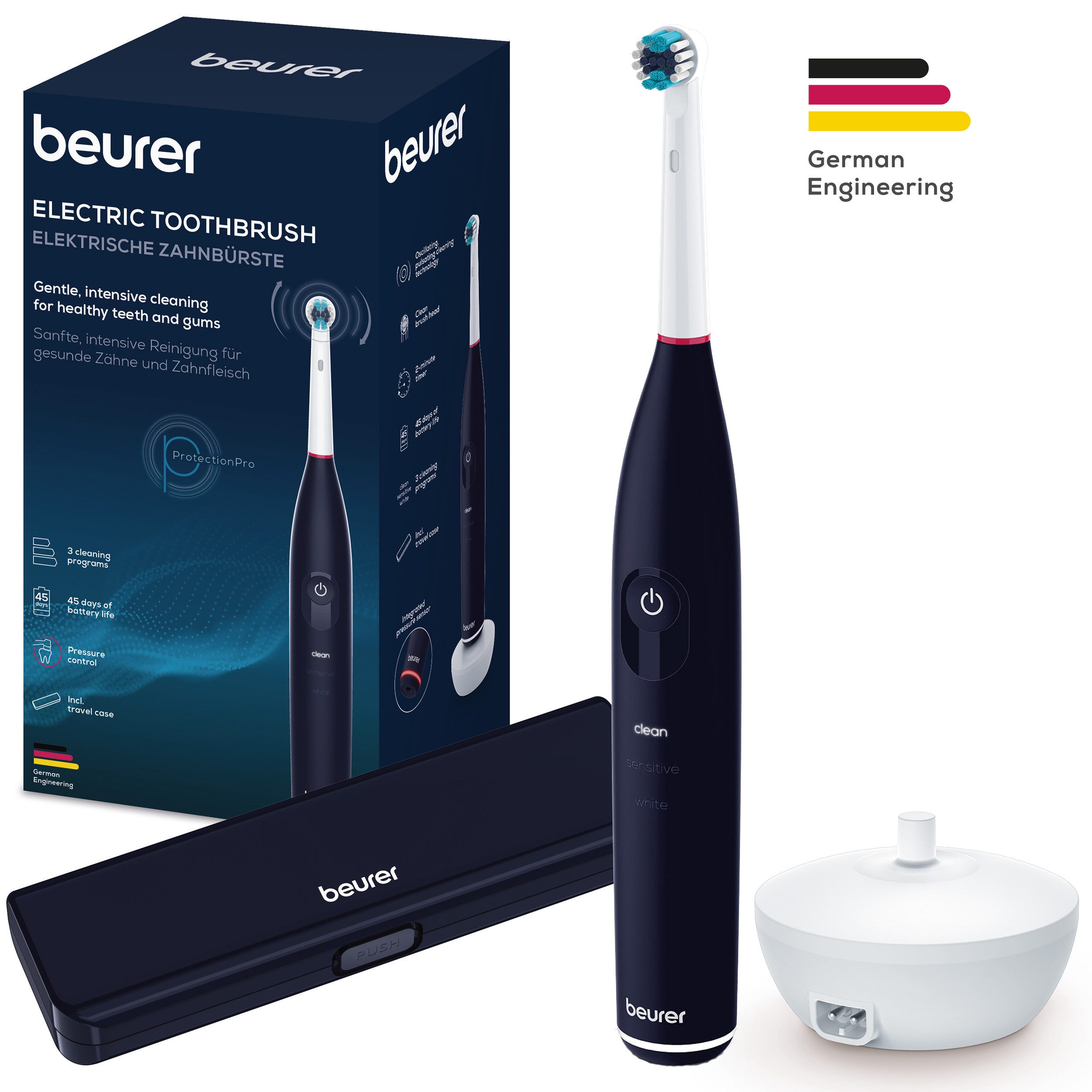 BEURER Elektrische Zahnbürste TB 50, Elektrische Zahnbürste mit Andrucksensor & Langzeitakku, Aufsteckbürsten: 1 St., Effektive Plaque-Entfernung, 3 Programme, bis zu 45 Tage Akkulaufzeit