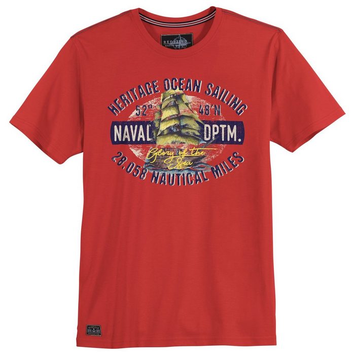 redfield Rundhalsshirt Große Größen Herren T-Shirt paprikarot Print Naval DPTM Redfield