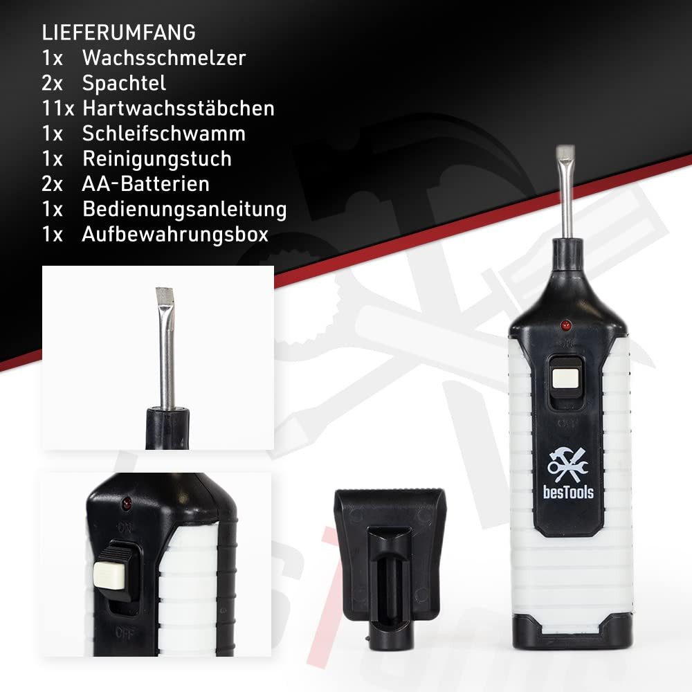 bestTools Schleifpapier Laminat Reparatur Set 16 Teile 11 Wachsfarben Wachsschmelzer, Für Laminat, Parkett & Möbel Kratzer einfach ausbessern