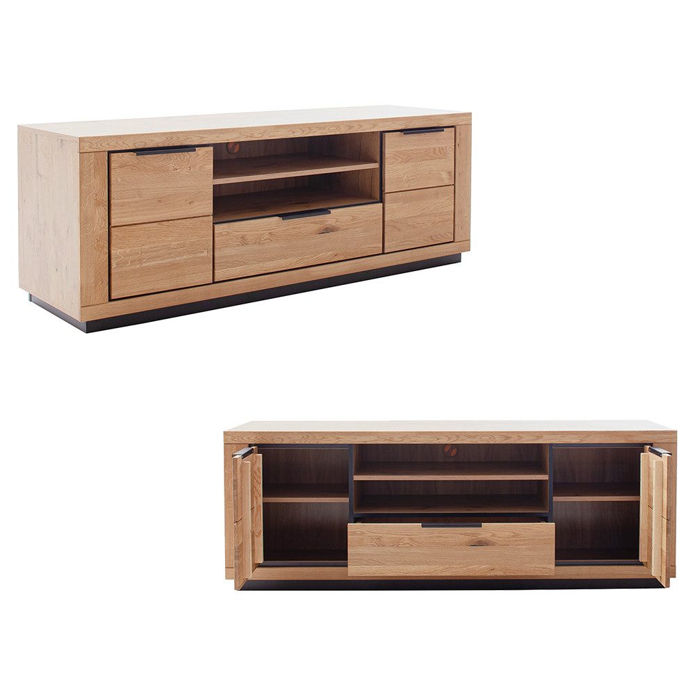 Lomadox Wohnwand GIUSTINO-06, (3-St., Wandboard Lowboard Highboard), Eiche teilmassiv geölt, Massivholzfronten, LED-Beleuchtung