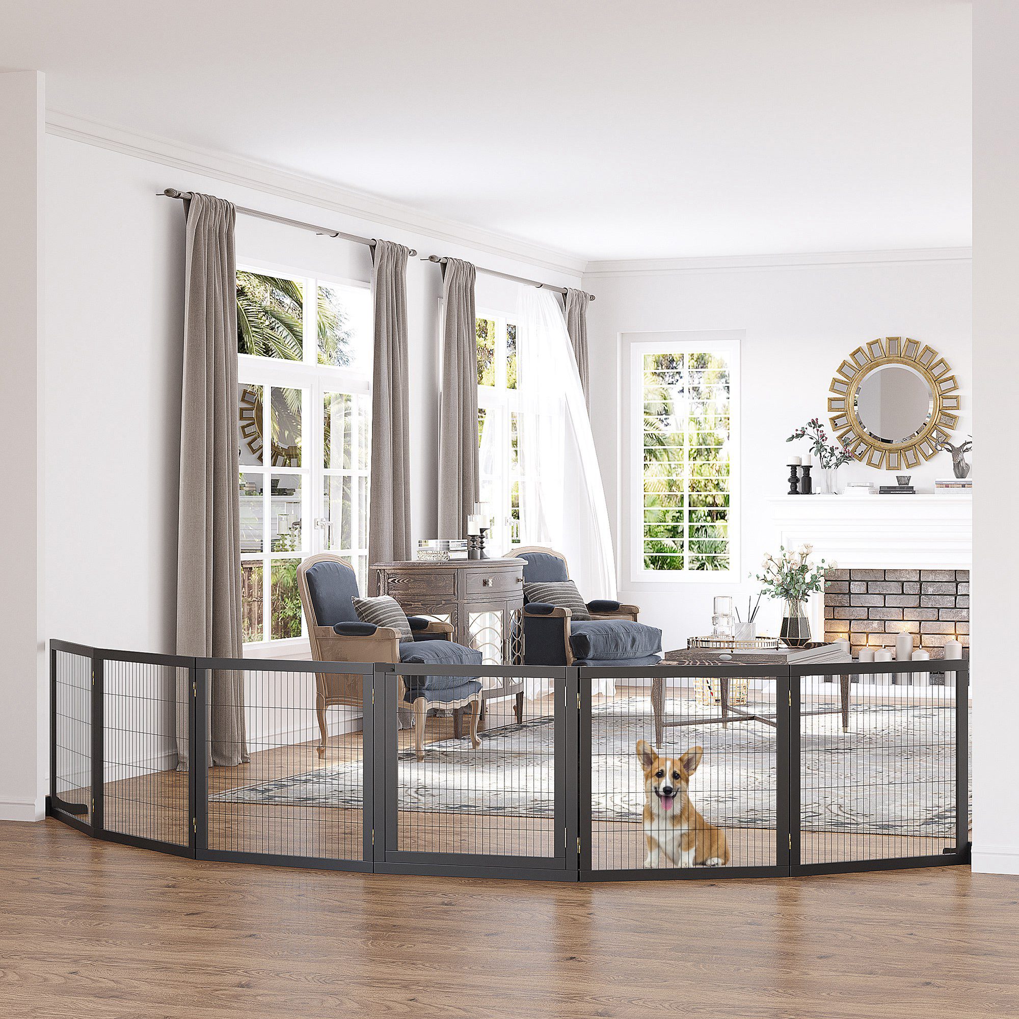 PawHut Hundegitter Freistehendes, mit Füßen, klappbares Treppenschutzgitter für Küche (Absperrgitter für Hund, 1 St., verstellbares Schutzgitter aus Holz), 432 x 70 cm, für Treppen, Türen, Flur, 6 Paneelen, Schwarz