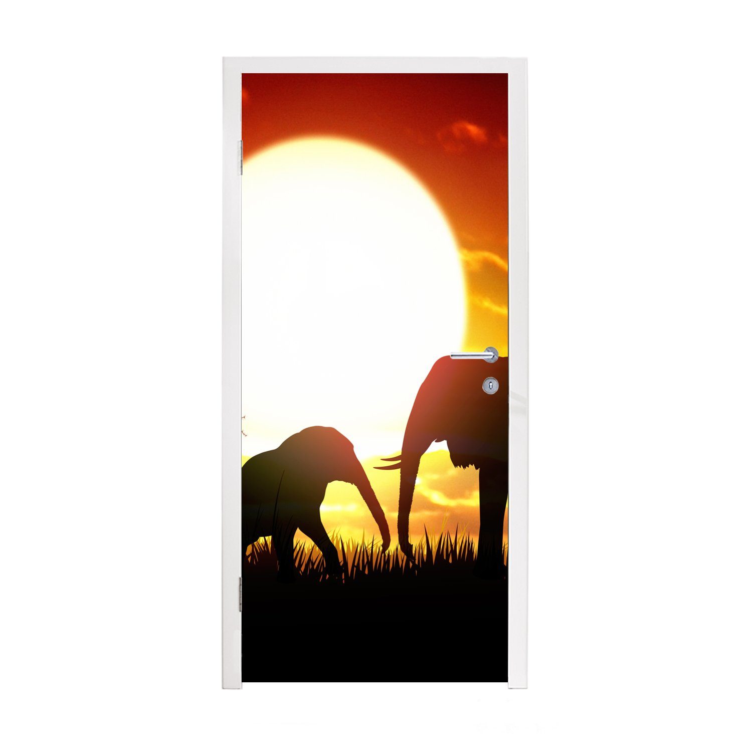 MuchoWow Türtapete Eine Illustration von Elefanten bei Sonnenuntergang, Matt, bedruckt, (1 St), Fototapete für Tür, Türaufkleber, 75x205 cm