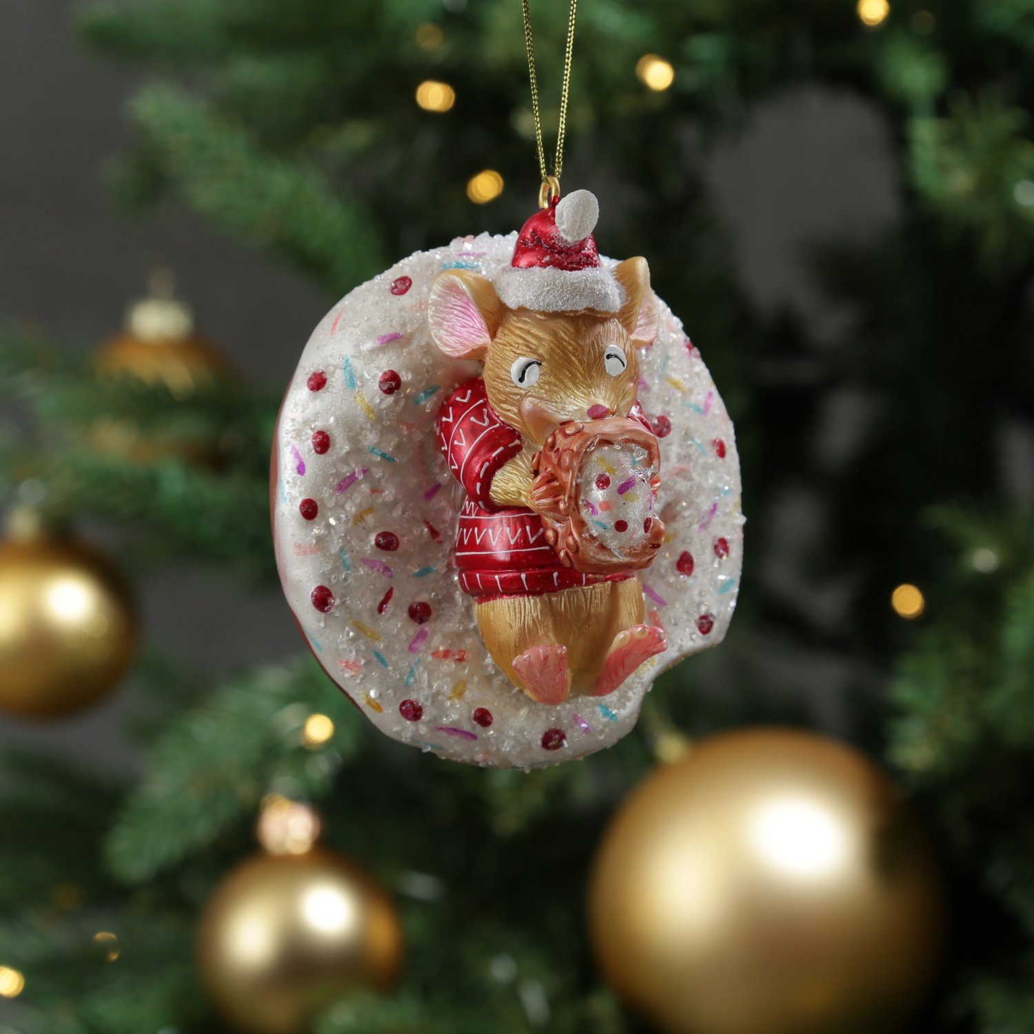 MARELIDA Christbaumschmuck Weihnachtsbaumschmuck Maus mit Donut Weihnachtsbäckerei Glas H: 10cm