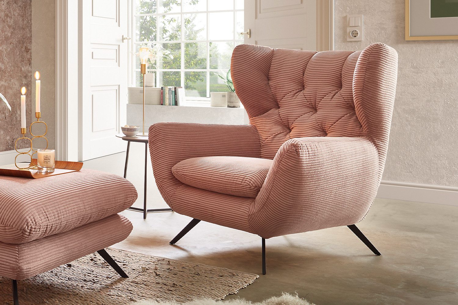 KAWOLA Relaxsessel CHARME, Hochlehnsessel Cord mit oder ohne Hockerbank verschiedene Farben