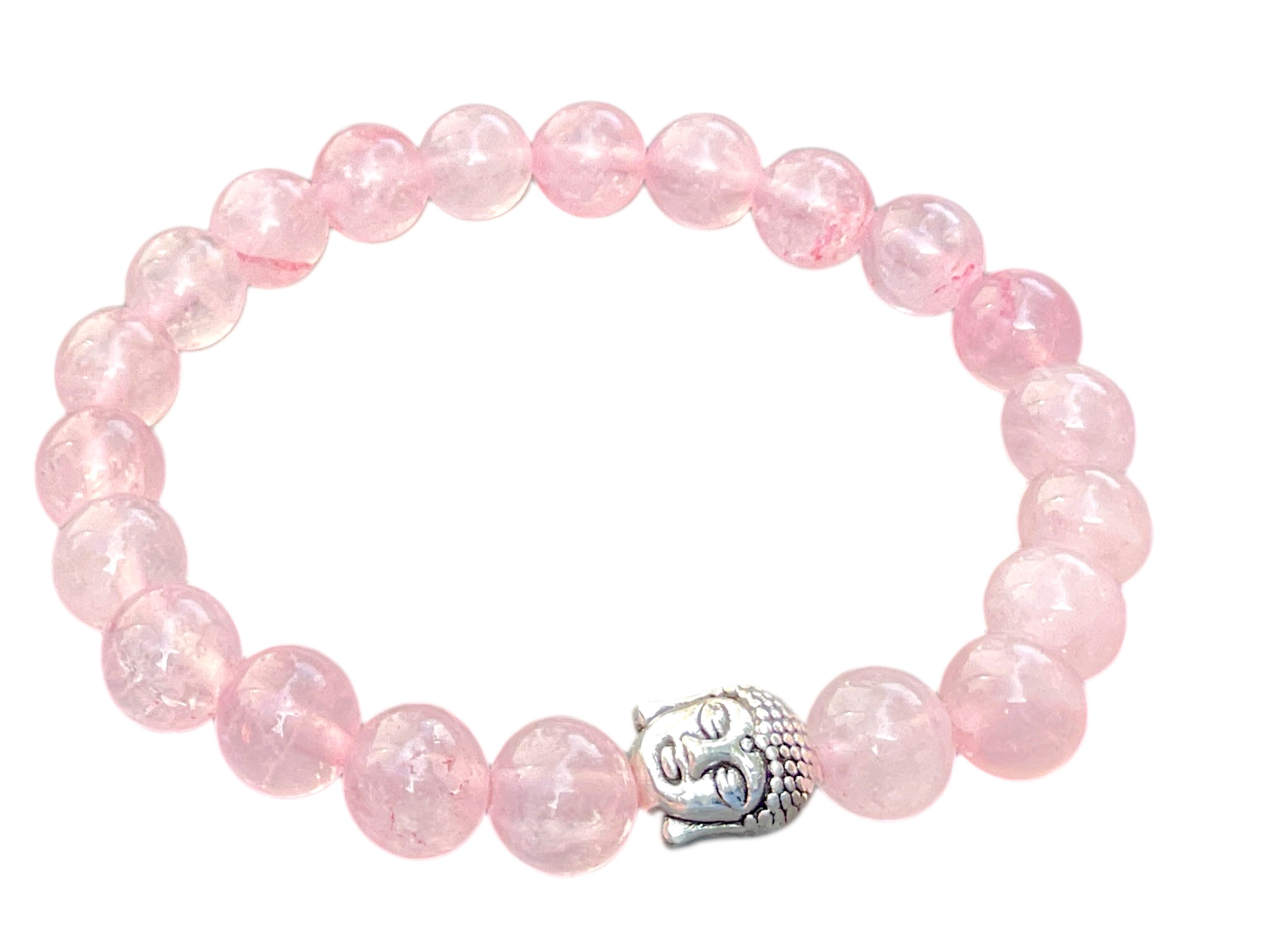 Steinfixx® Perlenarmband 100 % Rosenquarz mit versilbertem Buddha (8mm Perlen, Umfang 18cm, 1-tlg., inkl. Edelsteinkarte), Handgefertigt in Deutschland, mit edler Magnet-Geschenkbox