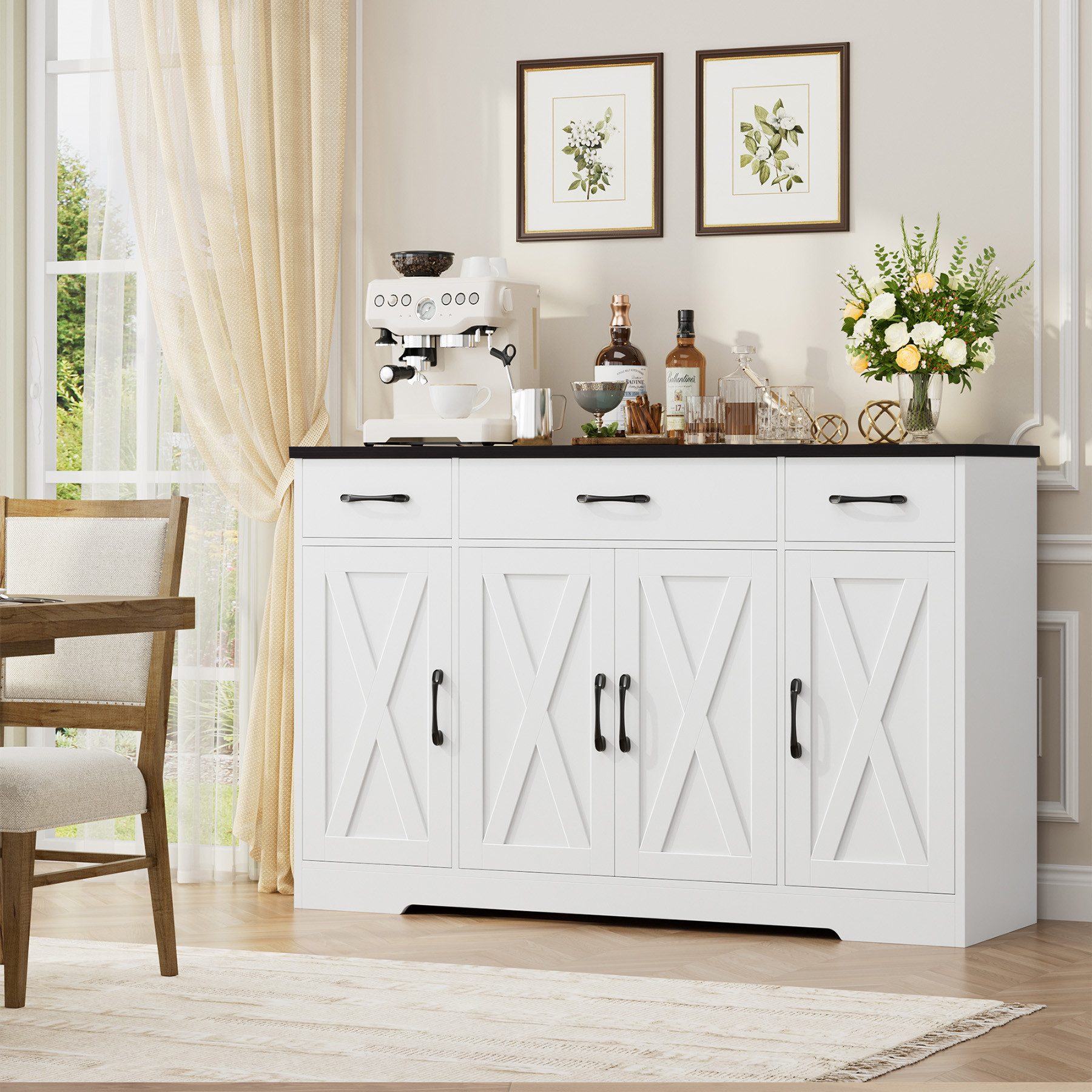 HOMECHO Sideboard, Küchenschrank 3 Schubladen 4 Türen, Verstellbaren Regalen