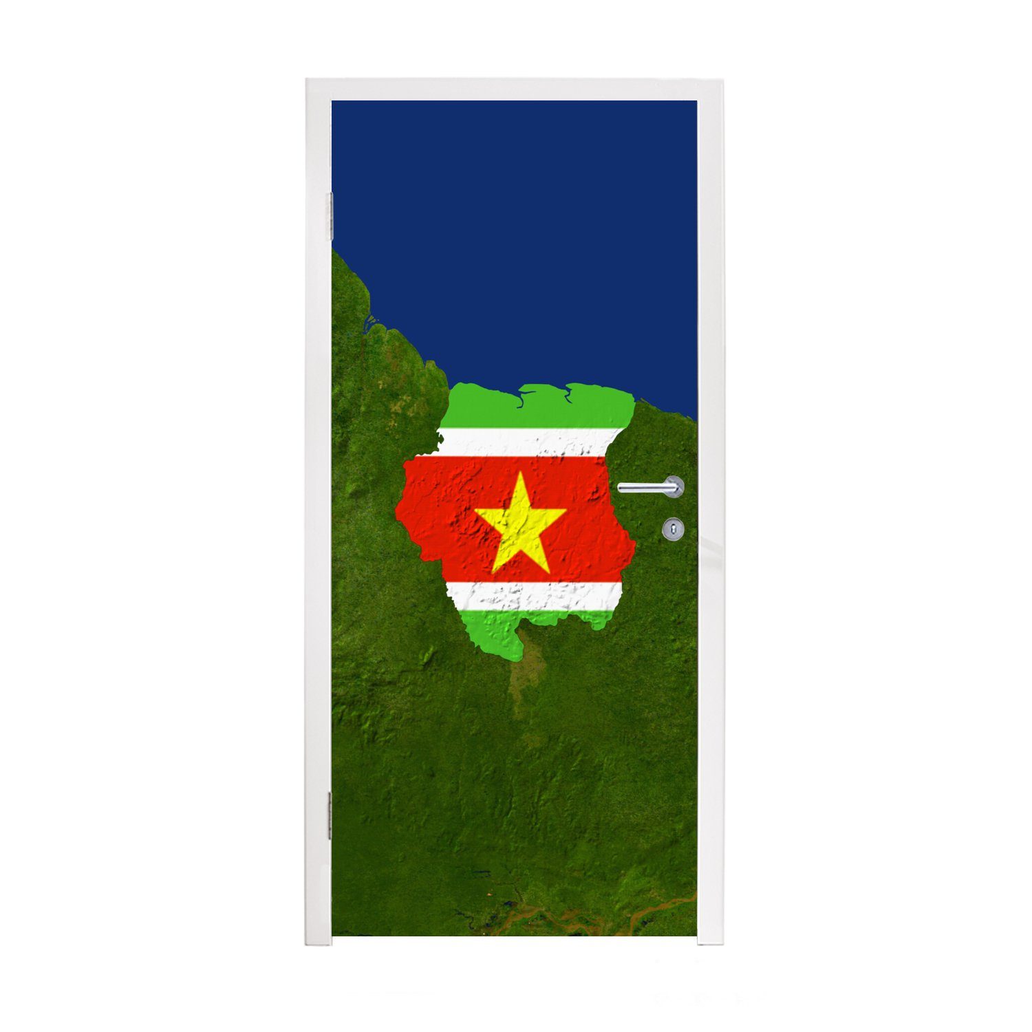 MuchoWow Türtapete Ein Satellitenbild von Suriname mit der Flagge des Landes darüber, Matt, bedruckt, (1 St), Fototapete für Tür, Türaufkleber, 75x205 cm