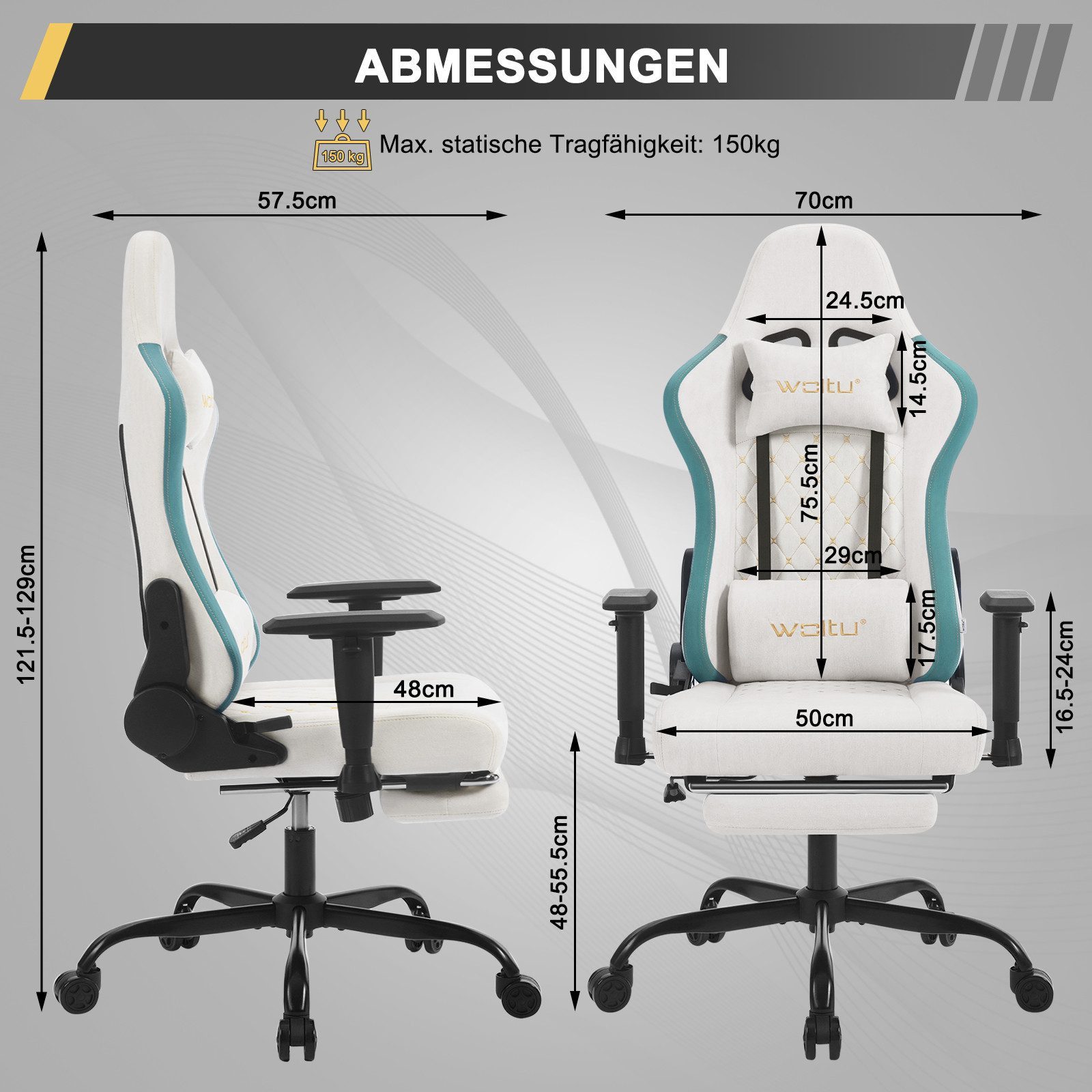 Woltu Gaming-Stuhl (1 St), ergonomisch, Kopfstütze, Fußstütze, Lendenkissen, Tech-Stoff