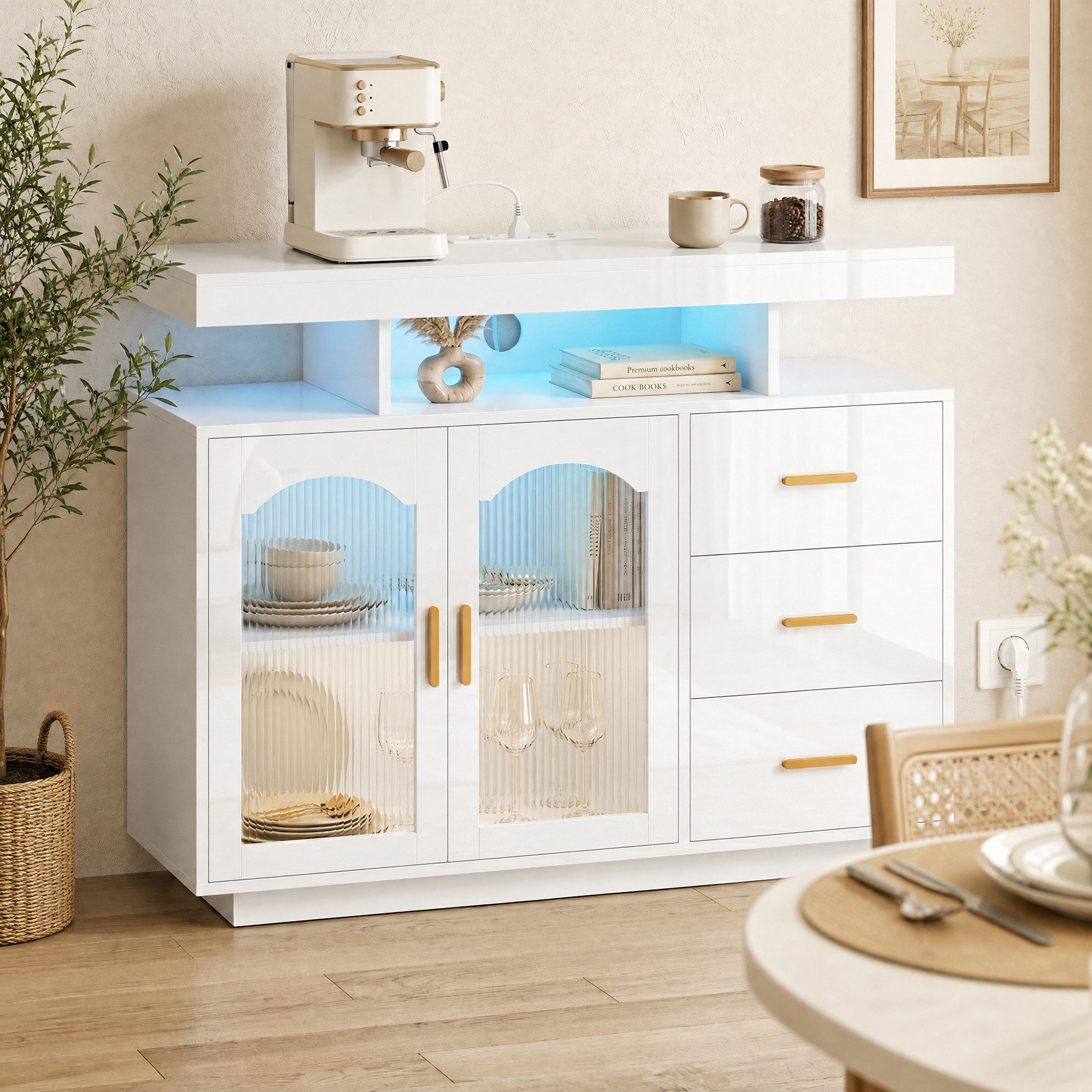 HOMCOM Sideboard Küchenschrank mit 3 Schubladen, 2 Acryl-Türen Buffetschrank (Set, 1 St., Hochglanz Aufbewahrungsschrank), für Wohnzimmer, Schlafzimmer 100x35x80 cm, Weiß