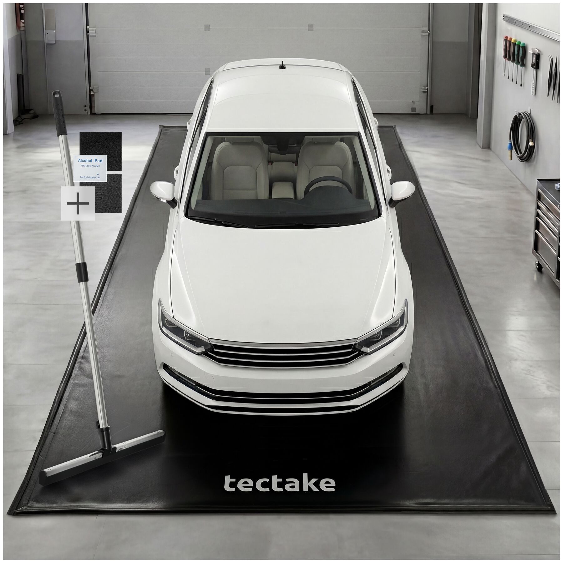 tectake Bodenschutzmatte Garagenbodenmatte mit Klettpads und Alkoholtüchern, 2,4 x 5,5 m, Gummibodenmatte, in schwarz, rutschfest und wasserdicht, erhöhter Rand, Inkl. ausziehbarem Abzieher