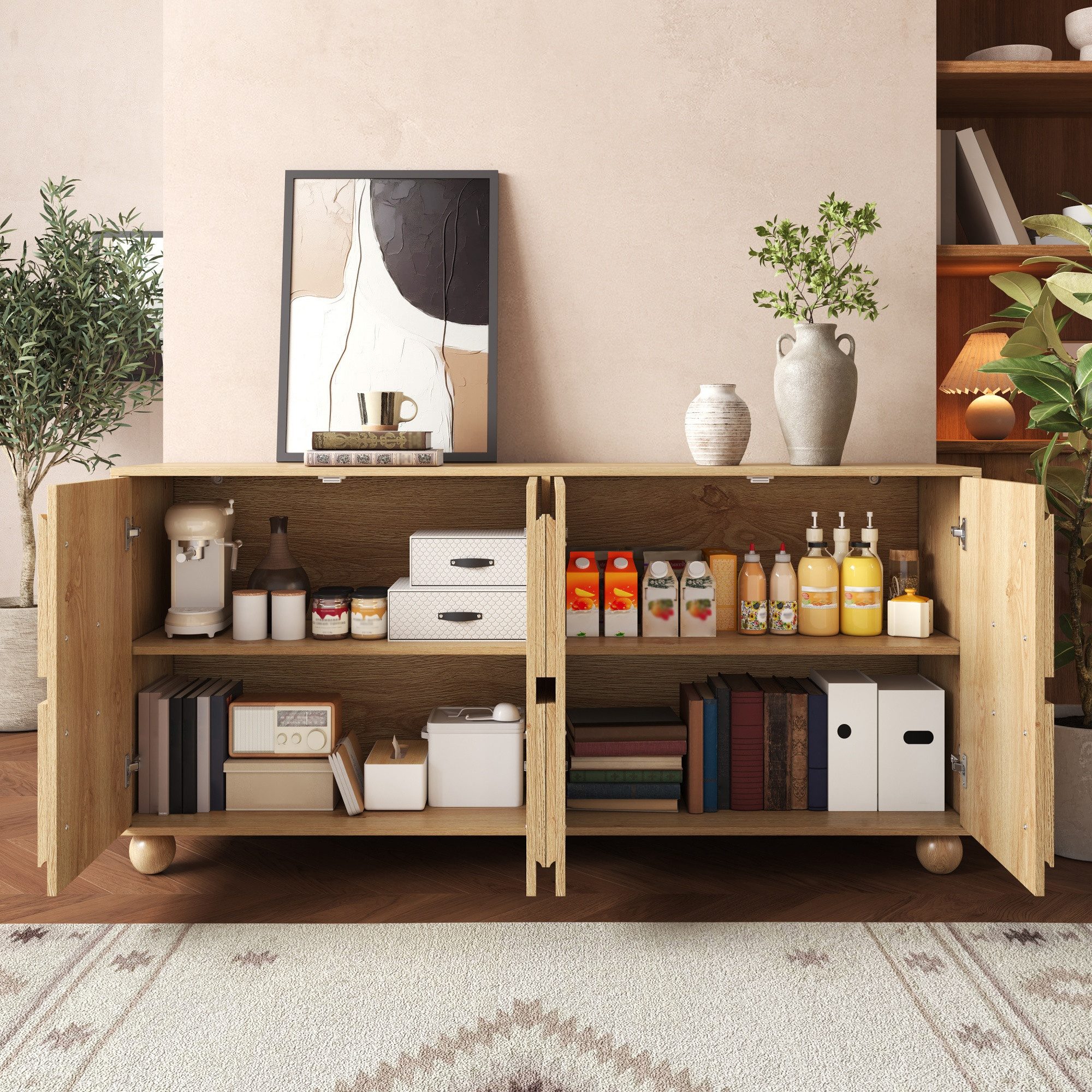 BlingBin Sideboard Staurschrank Wohnzimmerschrank Flurschrank mit 4 Türen, Kreisrelief (2 Packung, 1 St., 4 Türen Aufbewahrungsschrank, verstellbaren Einlegeböden, Kugelfüße), Buffetschrank für Flur Eingangsbereich Wohnzimmer oder Küche