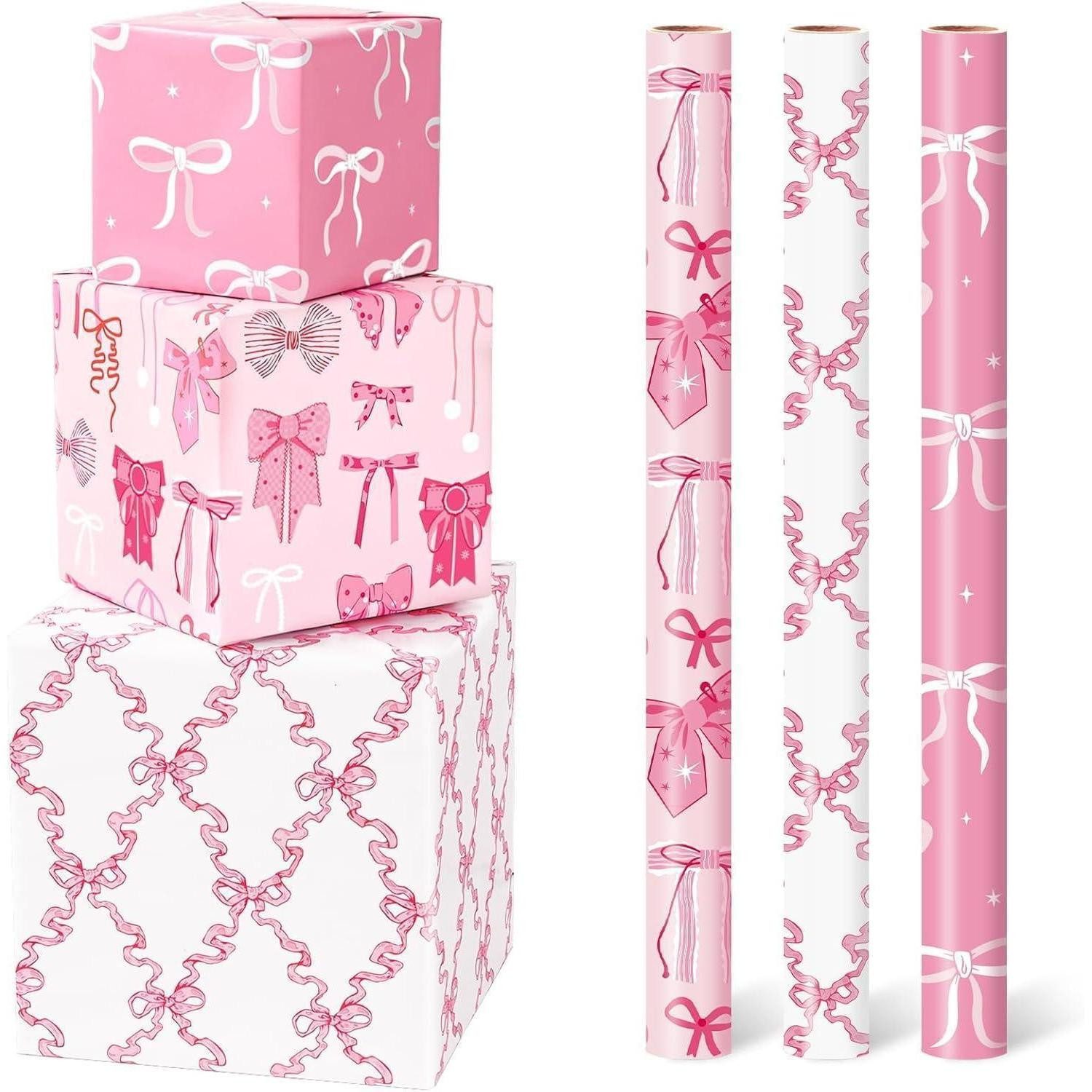 LuxusKollektion Geschenkpapier Geschenkpapier Mädchen 3 Rollen rosa Schleife Geburtstag Rosa Bogen