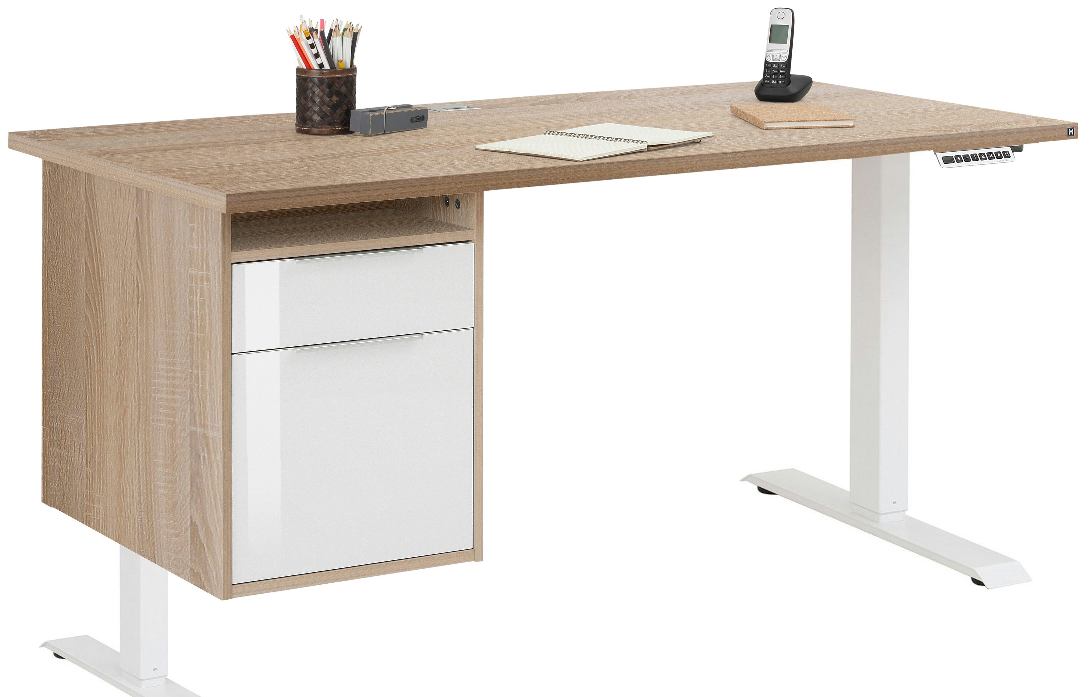 Maja Möbel Schreibtisch Schreibtisch mit Hängecontainer Weiß und Eiche Sonoma (Spar-Set, 1-St., 1 Tisch mit Container), mitfahrbarer Hängecontainer, höhenverstellbar, 2 Motoren