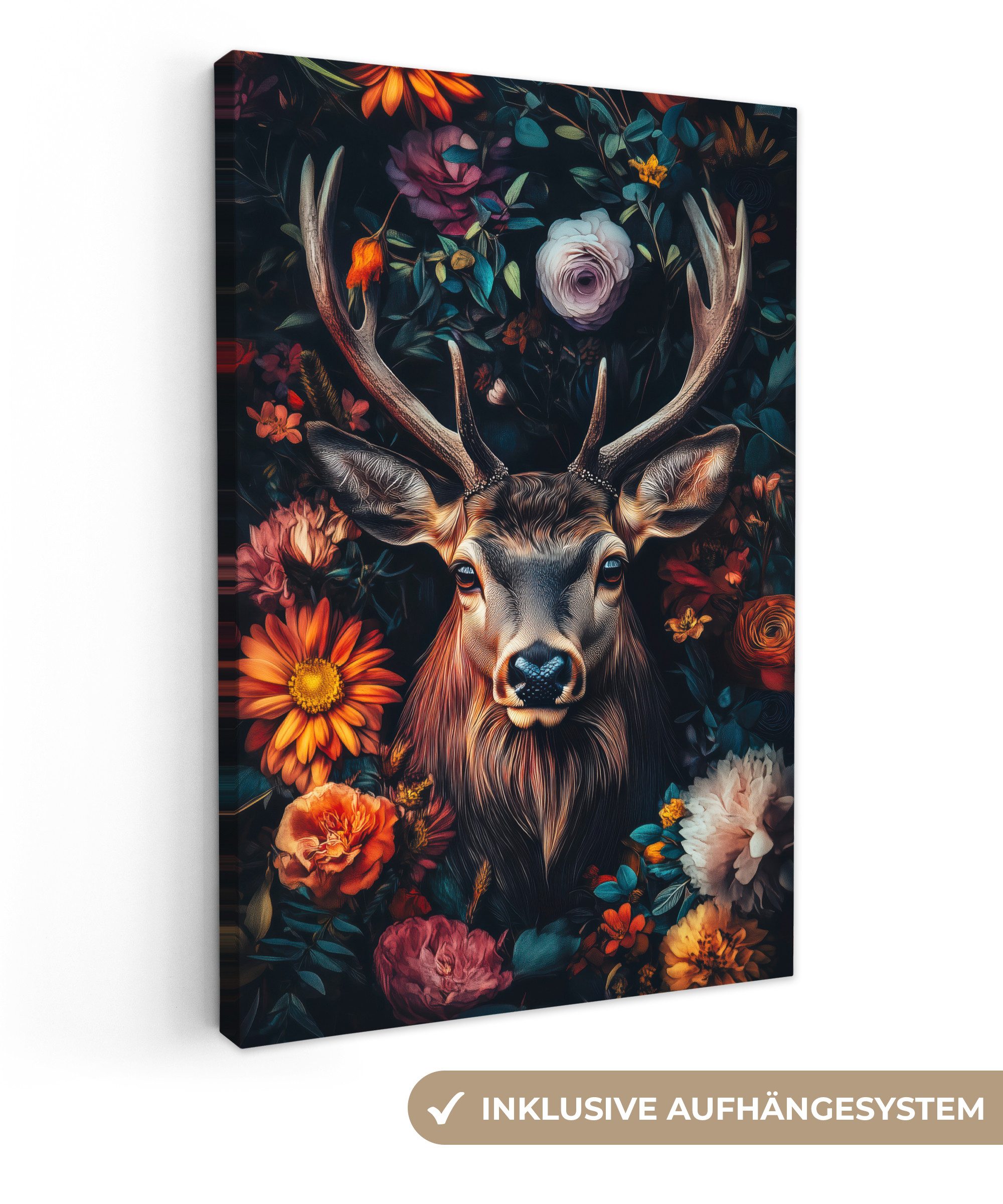 OneMillionCanvasses® Leinwandbild Hirsch - Tierporträt - Blumen - Natur - H günstig online kaufen