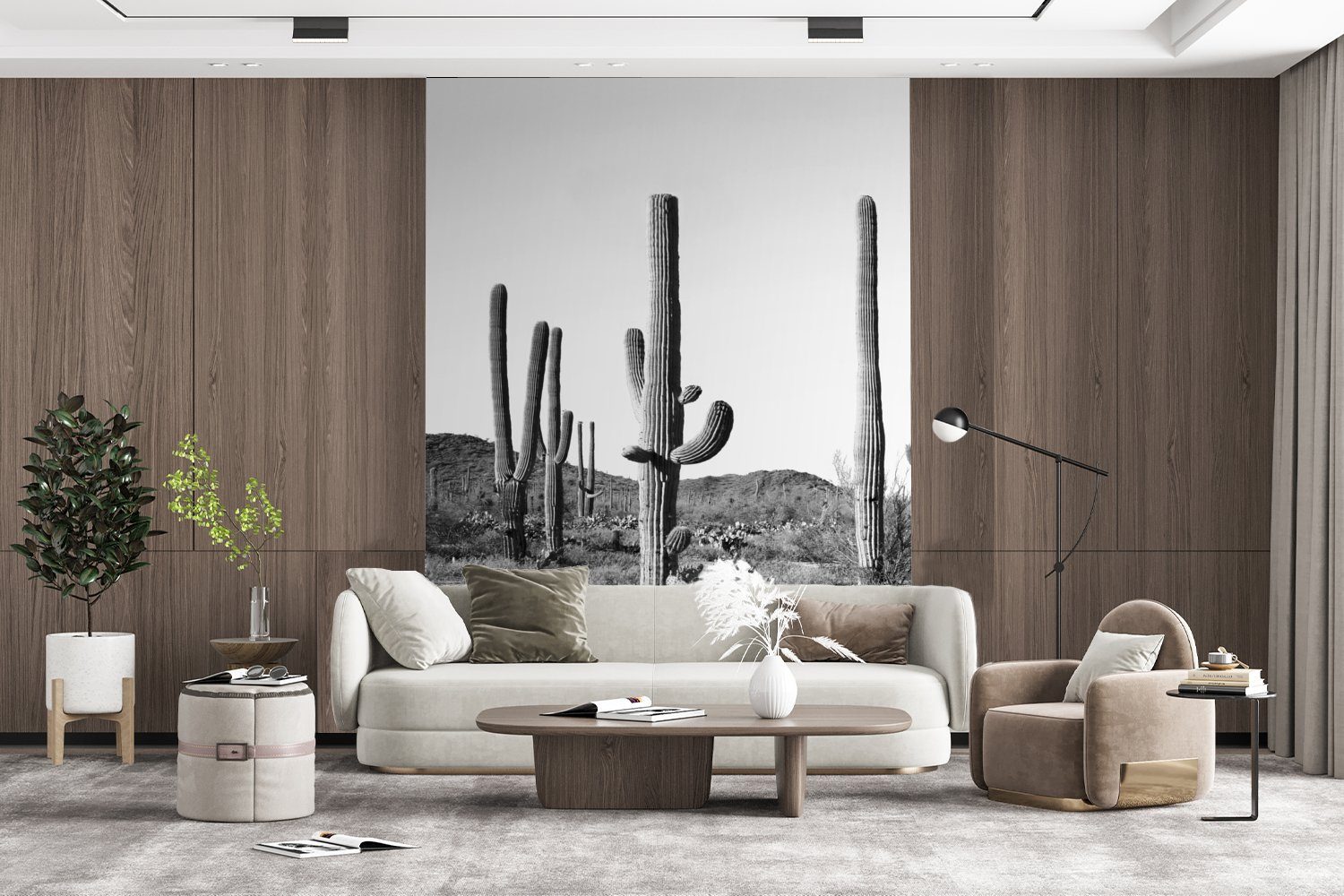 Schwarz weiß - Landschaft, Fototapete - (4 Wandtapete für und Vinyl Natur Wohnzimmer, bedruckt, Kakteen St), Matt, MuchoWow - Montagefertig Tapete