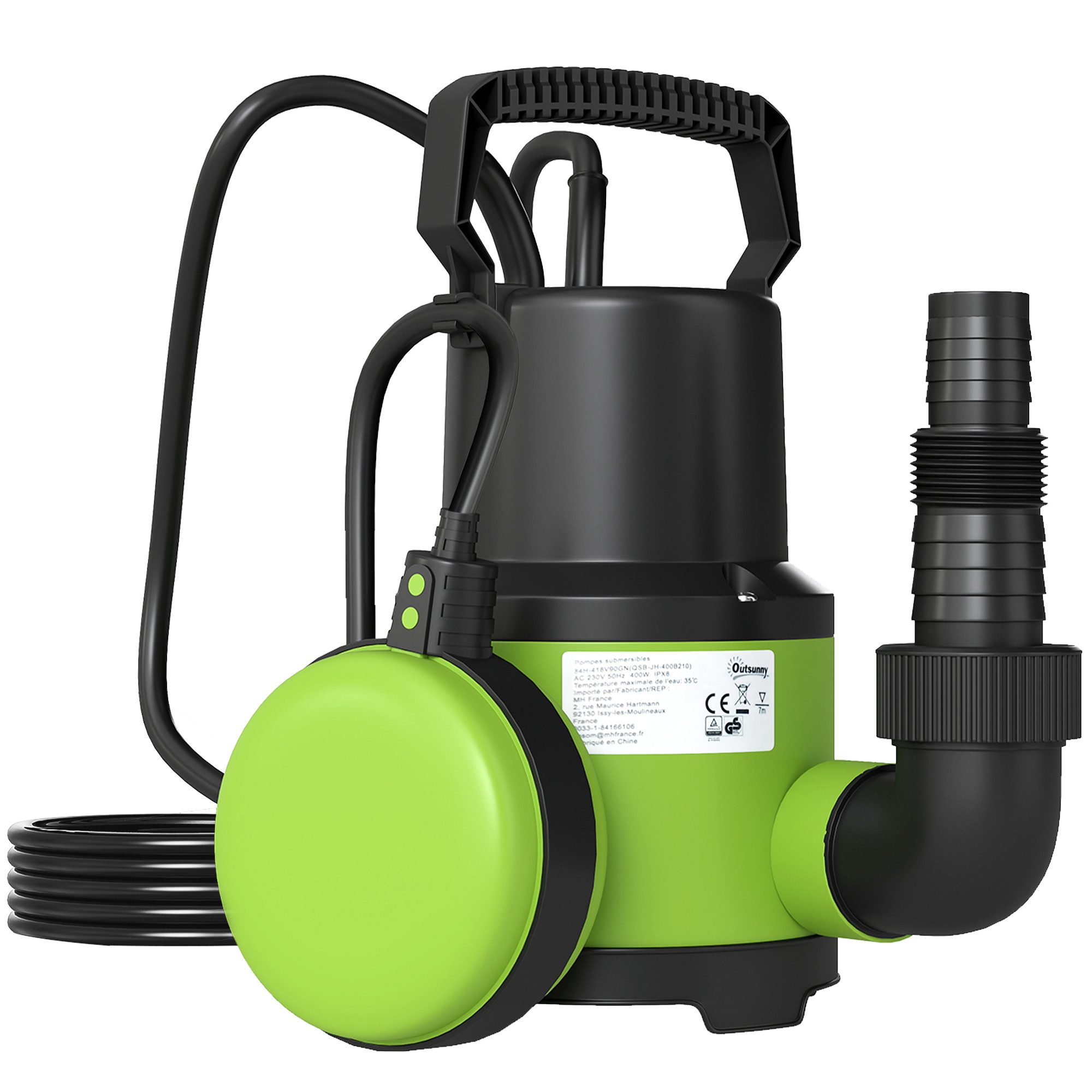 Outsunny Gartenpumpe Schmutzwassertauchpumpe mit Schwimmerschalter Förderhöhe max 5 m (Tauchpumpe, 1-tlg., Schmutzwasserpumpe), 400W 9000L,h Grün 16 x 14 x 27 cm