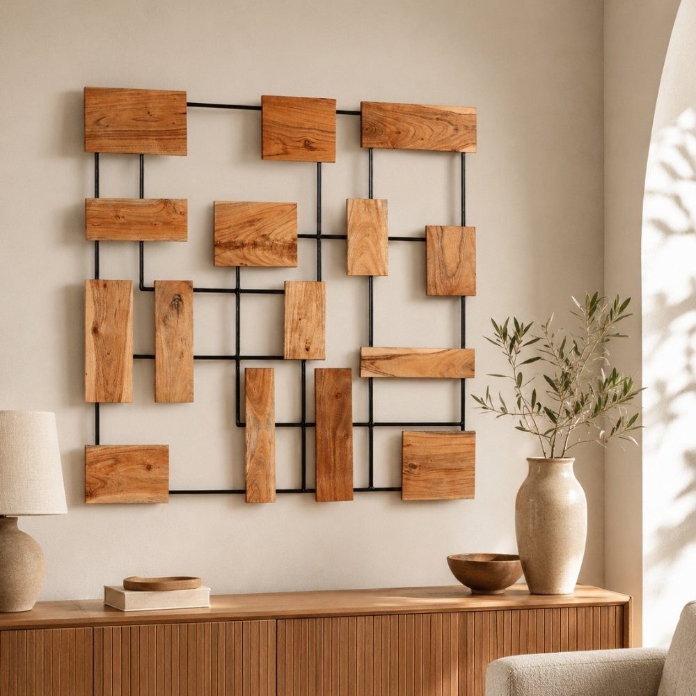 LebensWohnArt Dekoobjekt Wand-Deko-Objekt PARETO 100x100cm Unikat Akazienholz Wandbild