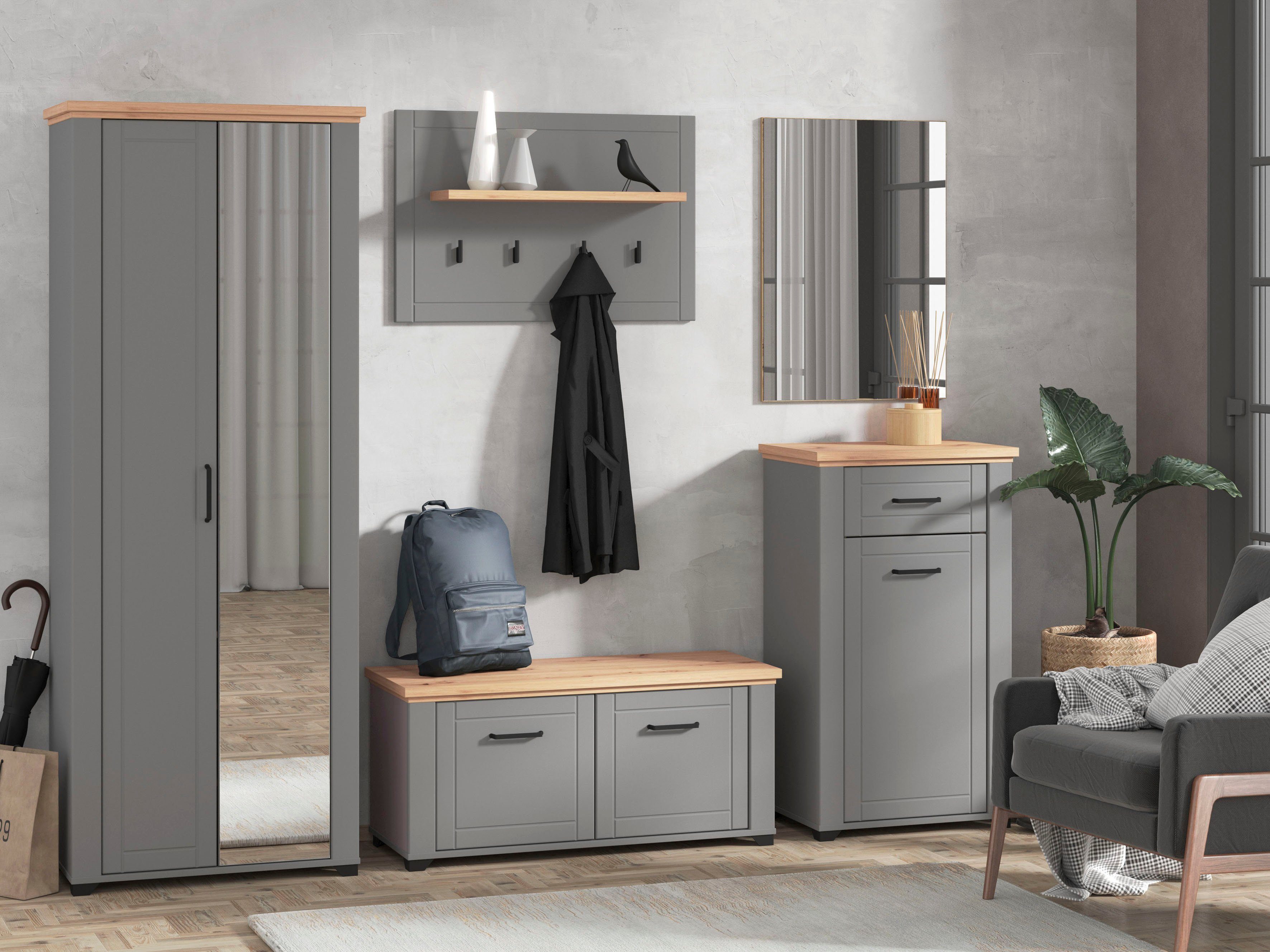 Home affaire Garderoben-Set Valencia, (Set, 5-St., Garderobenschrank, Schuhkommode, Schuhbank, Garderobenpaneel, Spiegel)