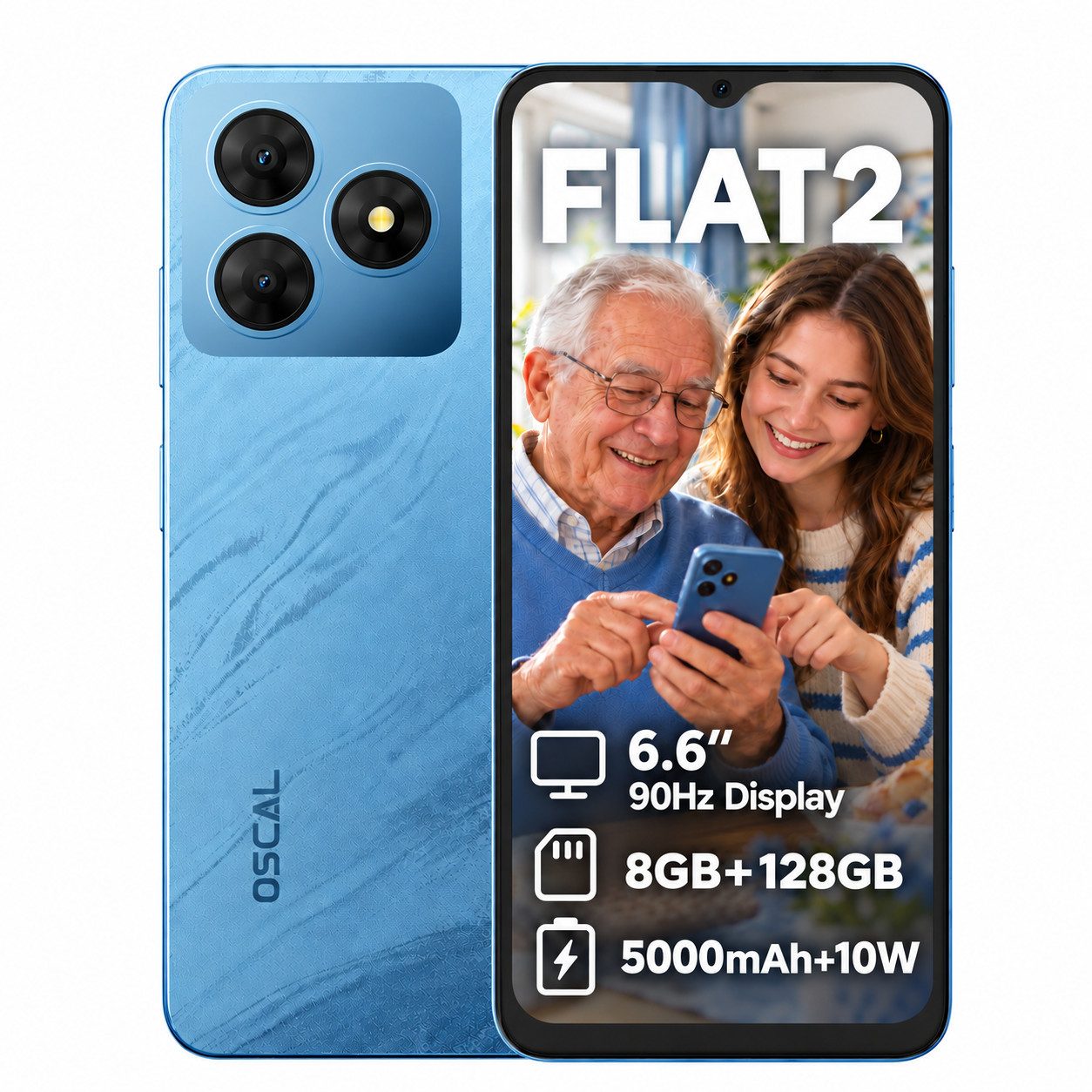 OSCAL FLAT2 256GB AI Handy für Senioren/Kinder, 6,6 Zoll einfaches Smartphone (6.6 Zoll, 128 GB Speicherplatz, 13 MP Kamera, Android 14, Gemini AI, Fingerabdruck, Dual SIM 4G)
