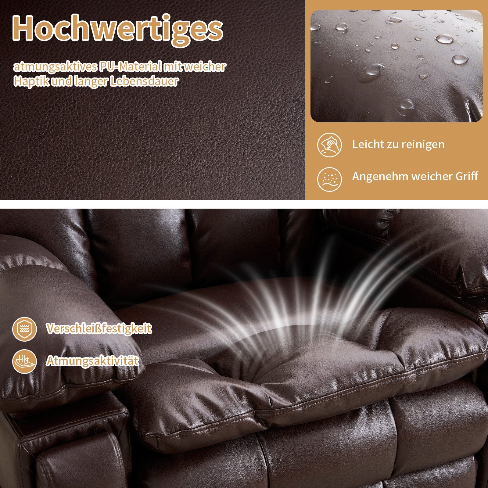Zuacs TV-Sessel zweimotorig, elektrisch verstellbar, Relaxsessel mit Aufstehhilfe, und Liegefunktion – multifunktionales Einzelsofa aus PU, Braun – Bild 5 von 5
