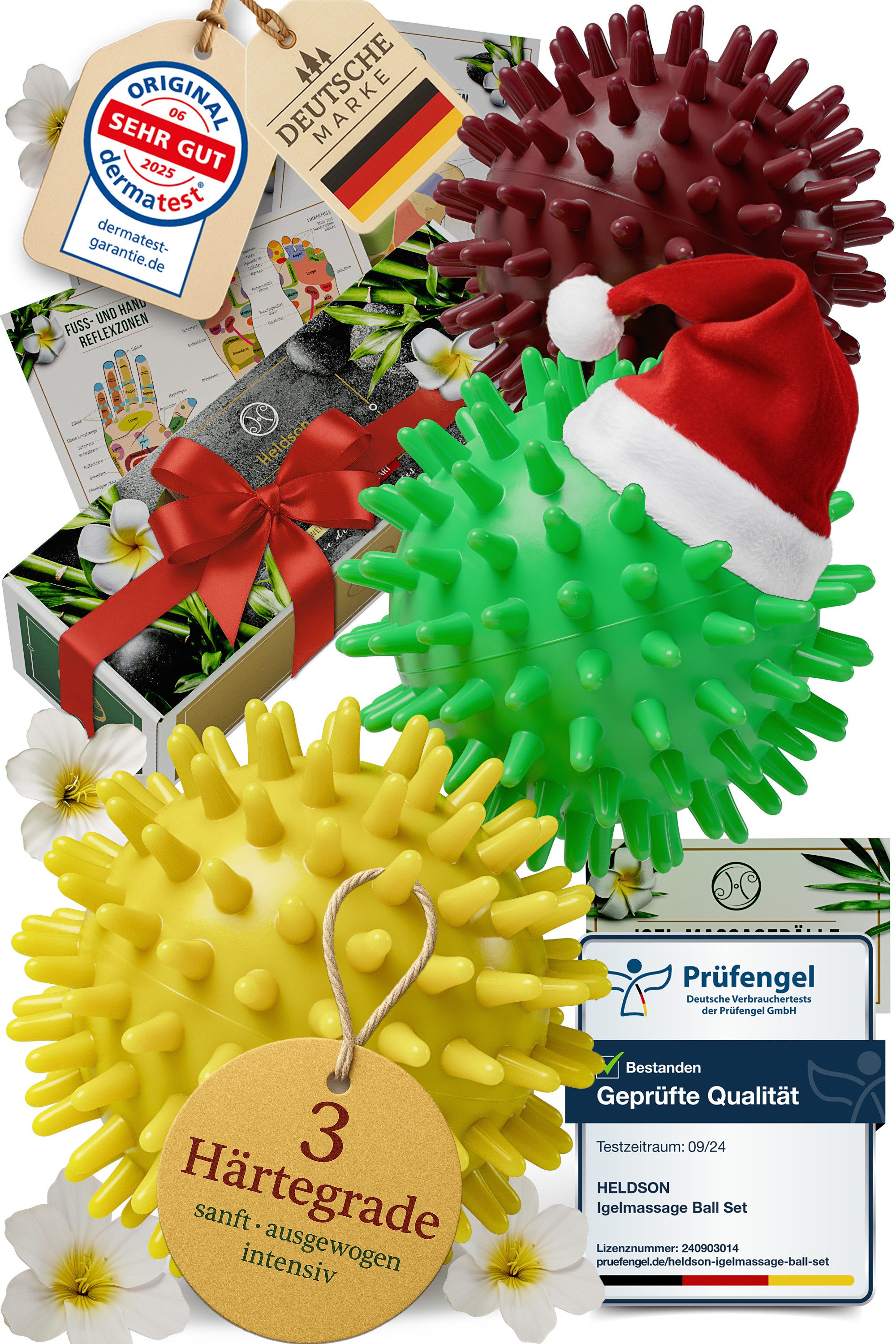 HELDSON Massageball HELDSON Massagebälle Set 3 Härtegrade (7 cm) – Igelball, Set, 3 Massagebälle (7 cm) weich, medium, hart mit Reflexzonen-Karten, 3 Massagebälle (7 cm) in 3 Härtegraden – Dermatest „Sehr gut“ geprüft