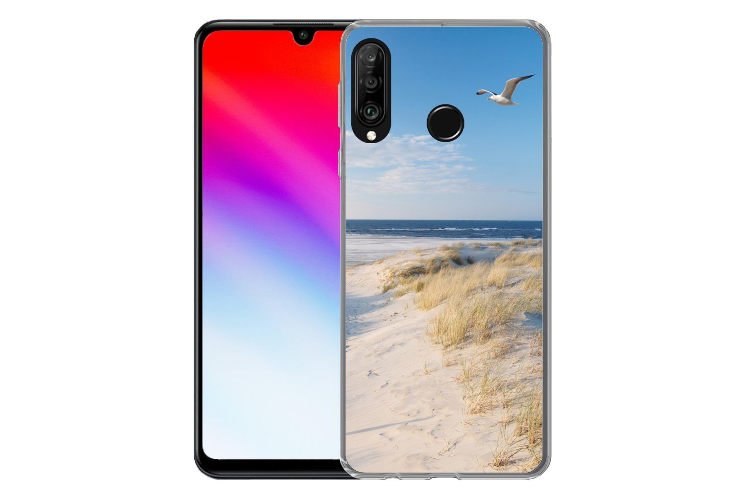 MuchoWow Handyhülle für Huawei P30 Lite Düne - Möwe - Strand - Meer - Sonne, Handy Case, Silikon, Bumper Case Dünn