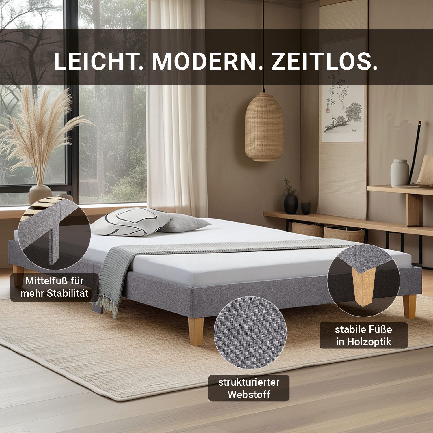 Homestyle4u Polsterbett 140x200 Doppelbett Futonbett Holzbett Grau Bettgestell Holzfüße (Komplett-Set mit Lattenrost, Matratze mit OEKO-TEX® Standard 100), Holzbeine