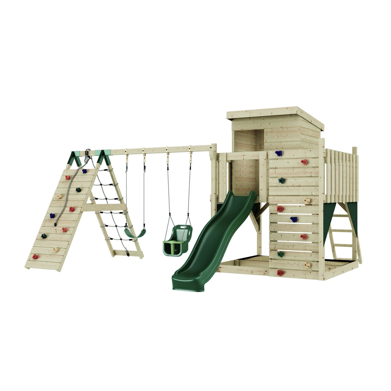 OutdoorToys Spielturm Frida, aus Holz in Dunkelgrün mit Babyschaukel & Rutsche, Kletterwand