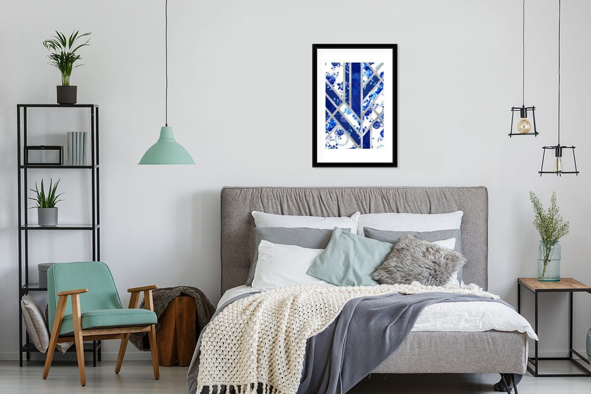 MuchoWow Poster Delfter Bilderrahmen St), - Poster, Blau (1 Luxus, Kunstdruck, mit - Design Gerahmtes Schwarzem Rahmen