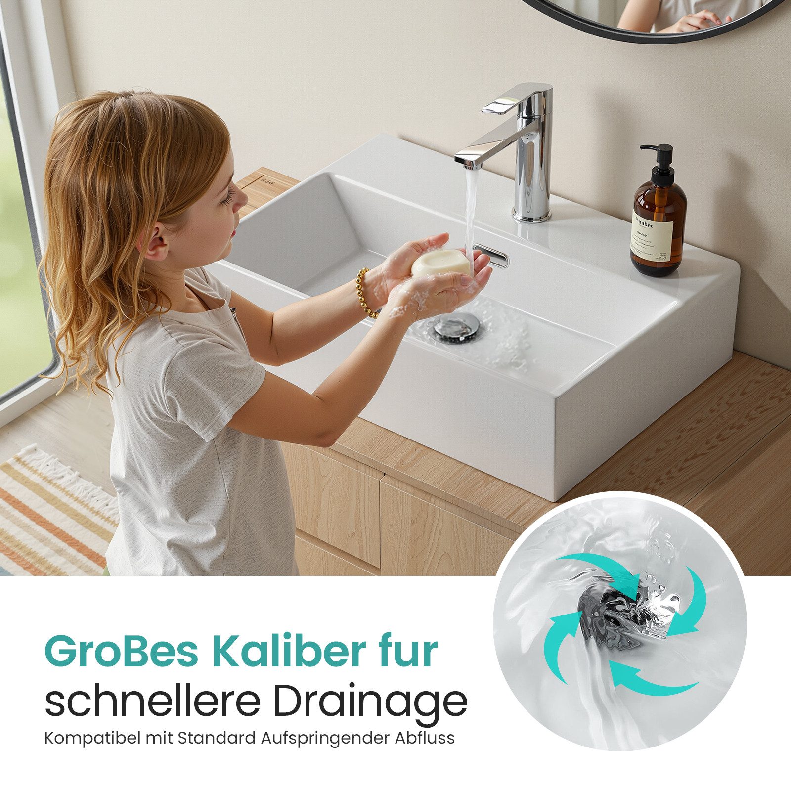 EMKE Aufsatzwaschbecken Keramik Waschtisch Eckiger Hängewaschbecken für Badezimmer/Gäste-WC (Packung, Mit Hahnloch), Spritzwassergeschützt,pflegeleicht, mit Nano Beschichtung( 60cm)
