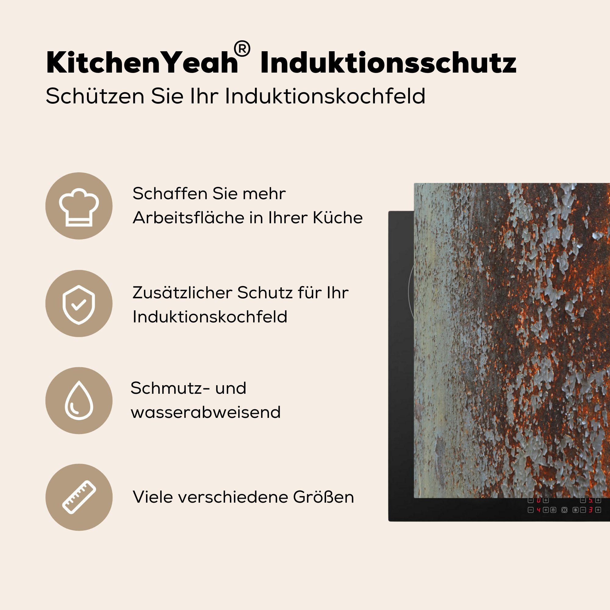 Wand Grau, Ceranfeldabdeckung - küche, Herdblende-/Abdeckplatte Induktionskochfeld für Schutz Vinyl, cm, Rost 81x52 tlg), - die (1 MuchoWow