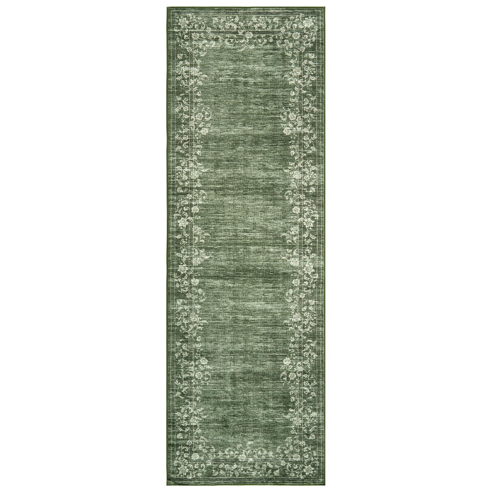 GarveeMore Veloursteppich Waschbarer Vintage Teppich Designteppich Läufer mit floraler Bordüre, Moderner Kurzflor, rutschfest, pflegeleicht & schmutzabweisend
