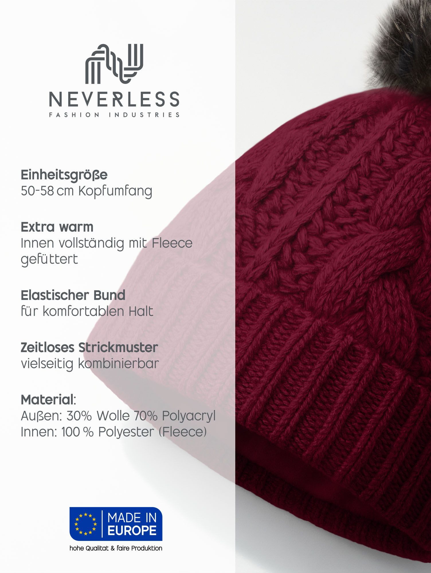 Neverless Bommelmütze Damen Strick-Mütze gefüttert Fell-Bommel Kunstfell Winter-Mütze