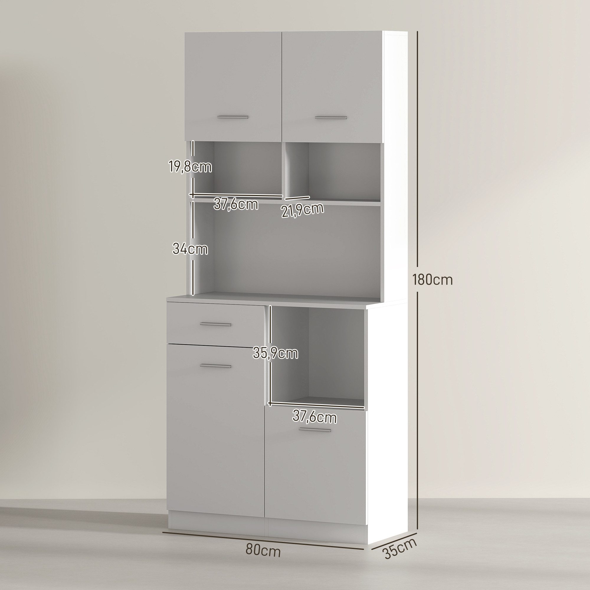 HOMCOM Küchenbuffet Küchenschrank, Hochschrank mit verstellbaren Regal, Schublade (Vitrinenschrank, 1-St., Buffetschrank mit Soft-Close-Tür) Aufbewahrungsschrank für Küche Esszimmer 80x35x180 cm Weiß