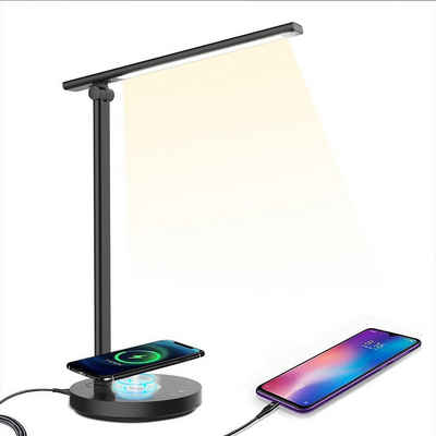 MDHAND LED Leselampe 10 W LED Desk Lamp, Dimmable Table Lamp, 5 Colours, USB-Anschluss,Kabelloses Laden,Schwarz