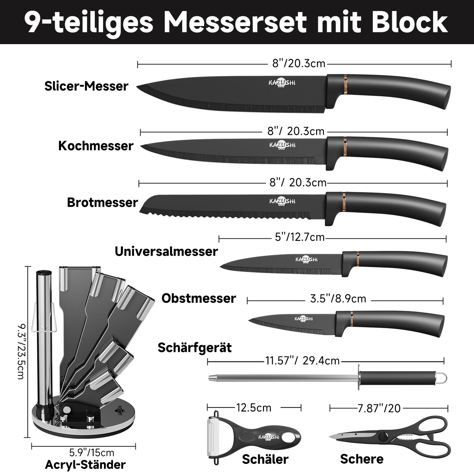 KAZUSHI Messer-Set 9/ 8/7/6teilig Messerblock Messerset Küchenmesser Set Profi Kochmesser (9-tlg), Edelstahl hochwertiges SelbstschärfenMesser Küchenmesser Set – Bild 2 von 5