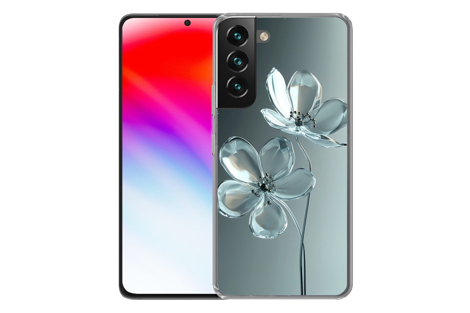 MuchoWow Handyhülle für Samsung Galaxy S22 Kristall - Blumen - Grau, Phone Case, Silikon, Schutzhülle Dünn