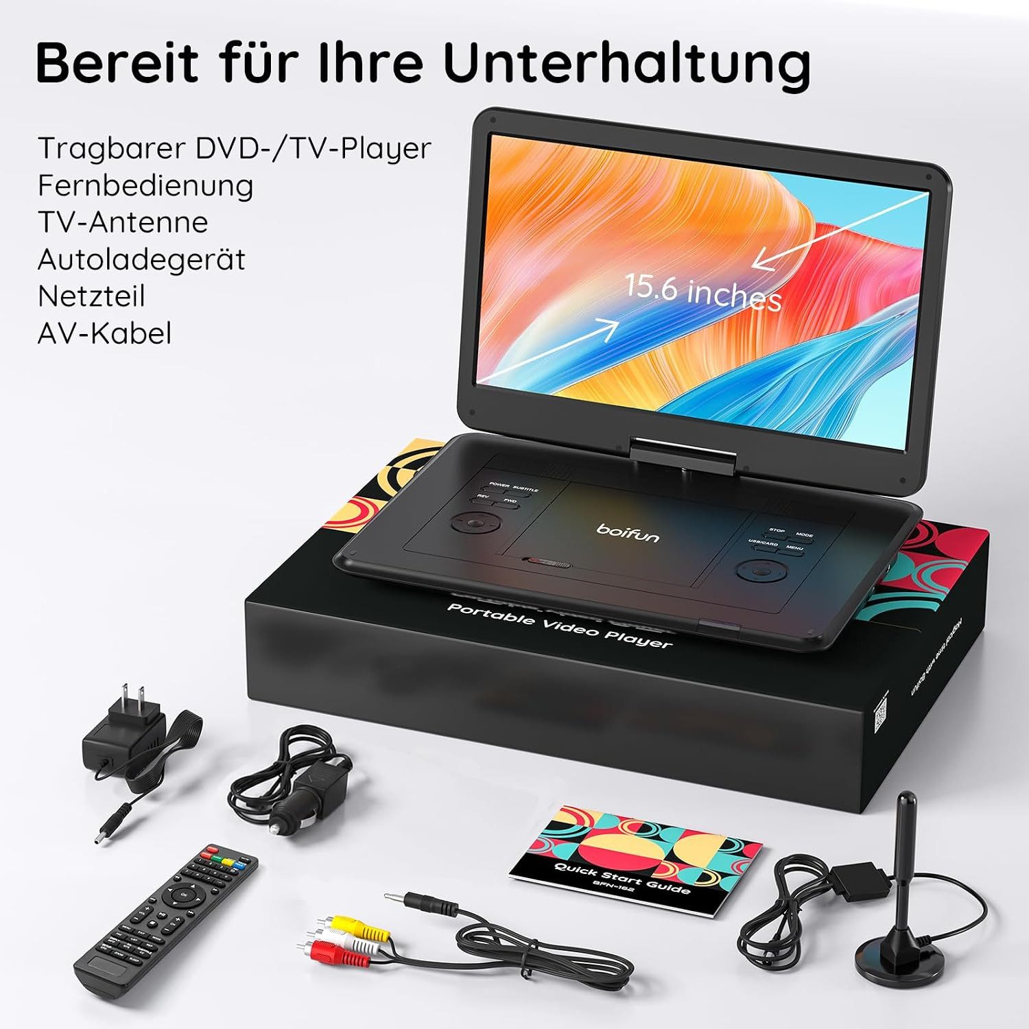 Boifun 15,6 Zoll Tragbarer Fernseher mit Integriertem DVD-Player Portabler DVD-Player (1366 × 768, Digitalem DVB-T2-Tuner Akku HDMI-Eingang FM-Radio)