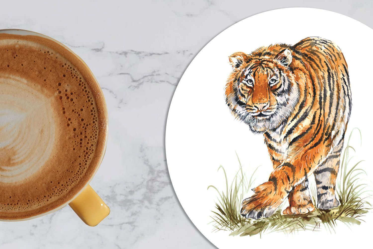 MuchoWow Glasuntersetzer Tiger - Gras Zubehör Gläser, 6-tlg., Getränkeuntersetzer, - Tasse, Korkuntersetzer, Becher Kopf, für Tassenuntersetzer