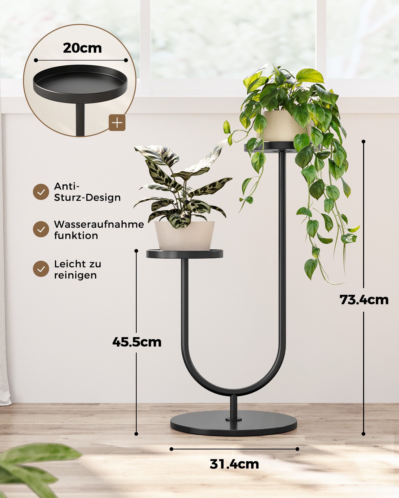 Bamworld Blumenständer Metall Pflanzständer 2-stufig – Modernes Design in Schwarz (1 St), Perfekt für Wohnzimmer, Balkon, Terrasse oder Garten – Bild 2 von 5