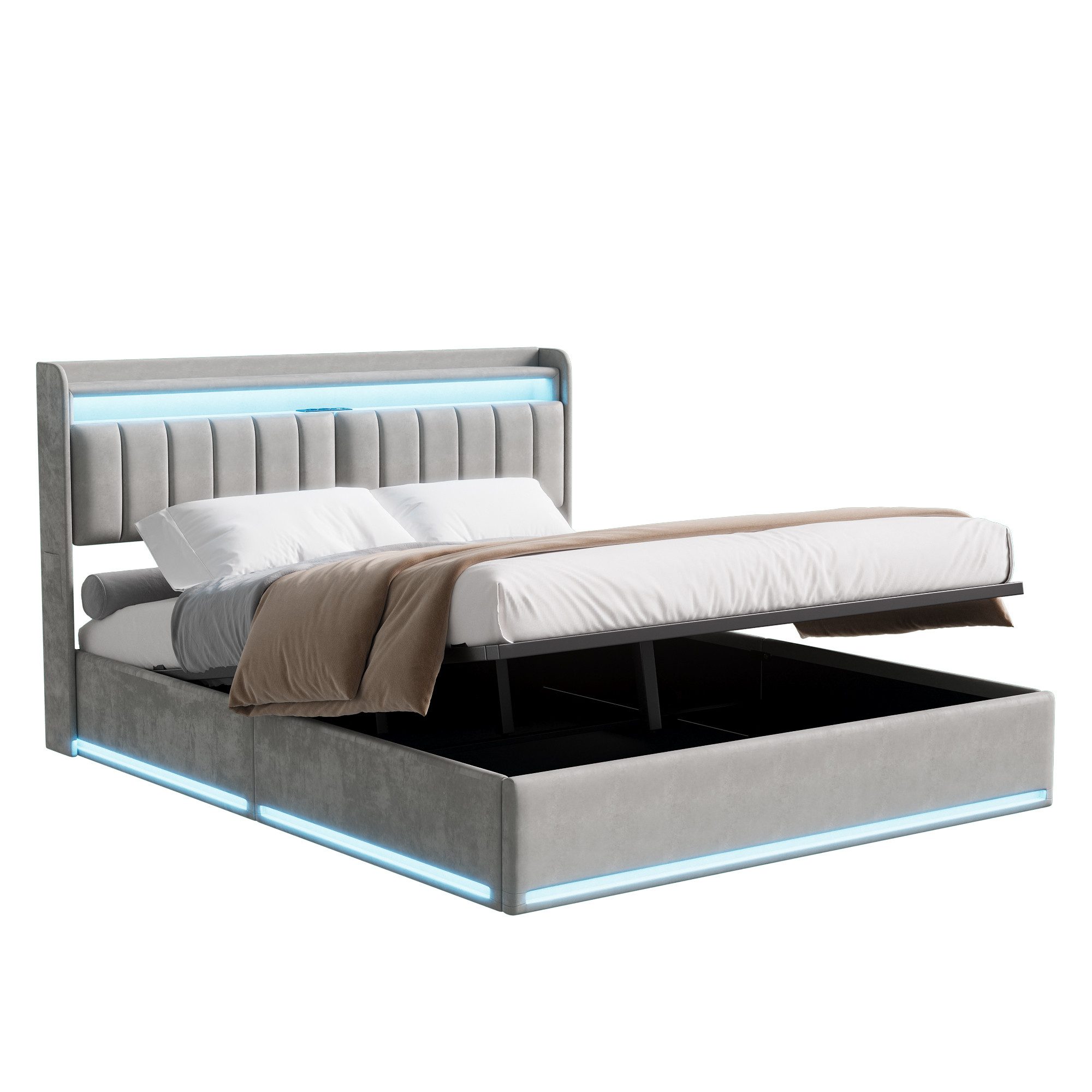 PXloue Polsterbett LED Doppelbett, Bettkasten, Ladefunktion, günstig online kaufen