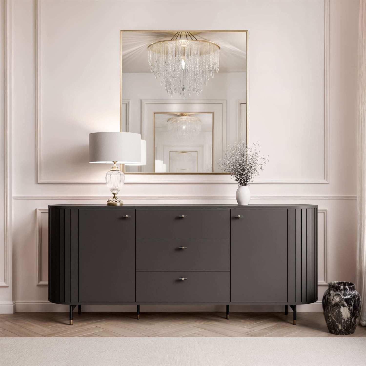 yourhouse24 Sideboard LINNEA 190cm 2D3S Runde Ecken Lamellen Kaschmir/Schwarz