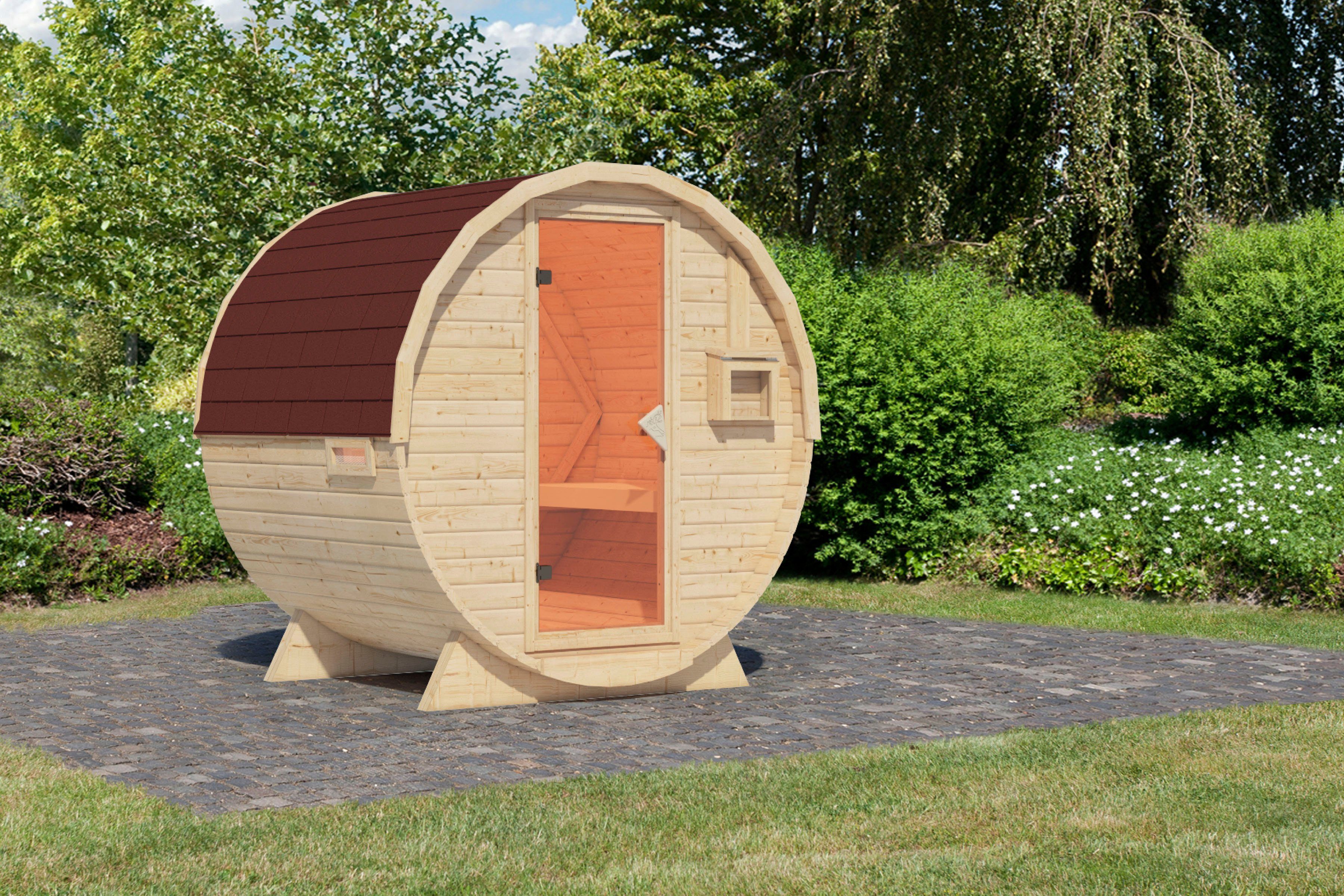 Karibu Fasssauna naturbelassen mit Schindeln rot, BxTxH: 225 x 175 x 229 cm, 38 mm, aus hochwertiger nordischer Fichte