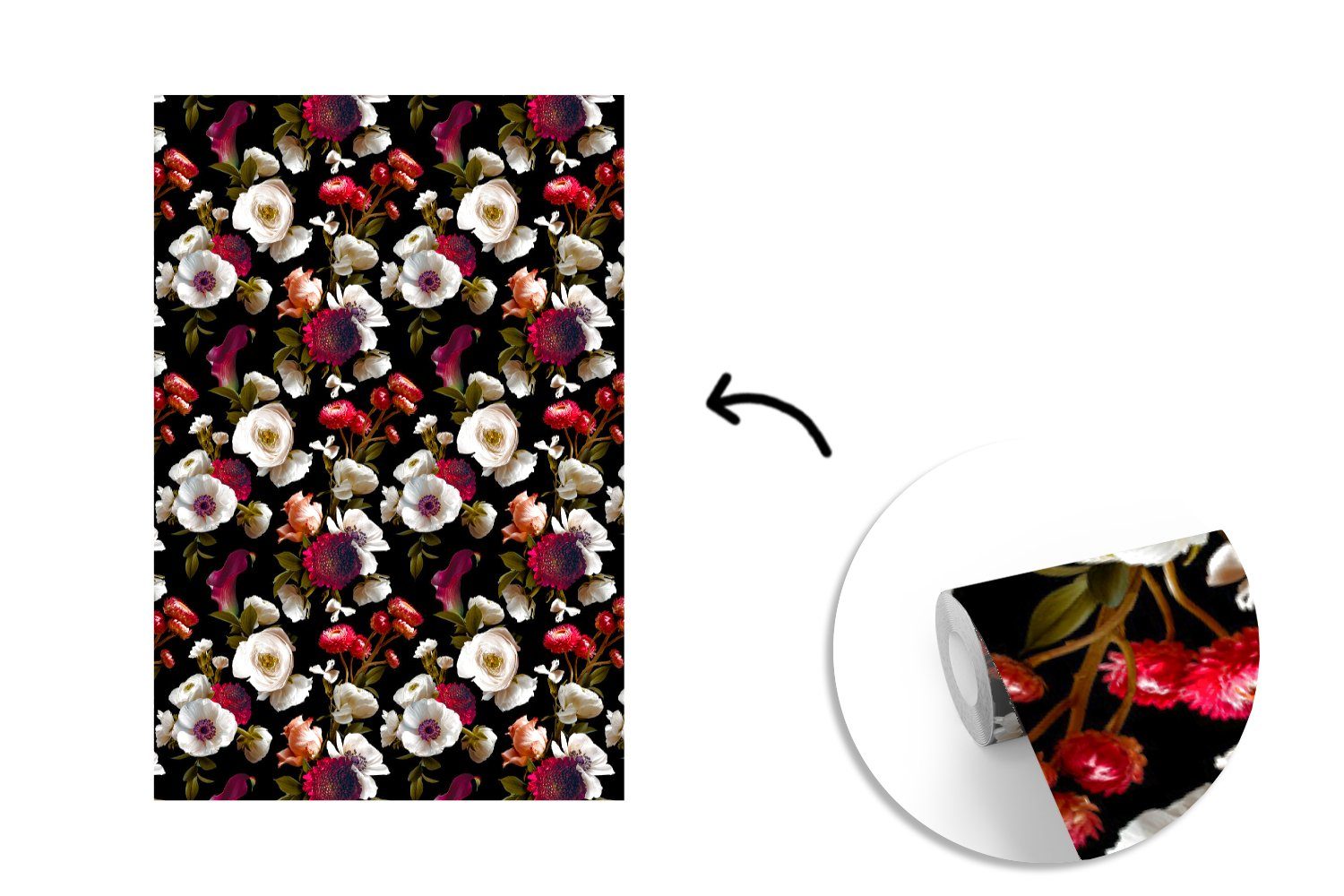 MuchoWow Fototapete Blumen - für Farben Matt, bedruckt, Tapete Muster, Wohnzimmer, Wandtapete Vinyl - (3 St), Montagefertig