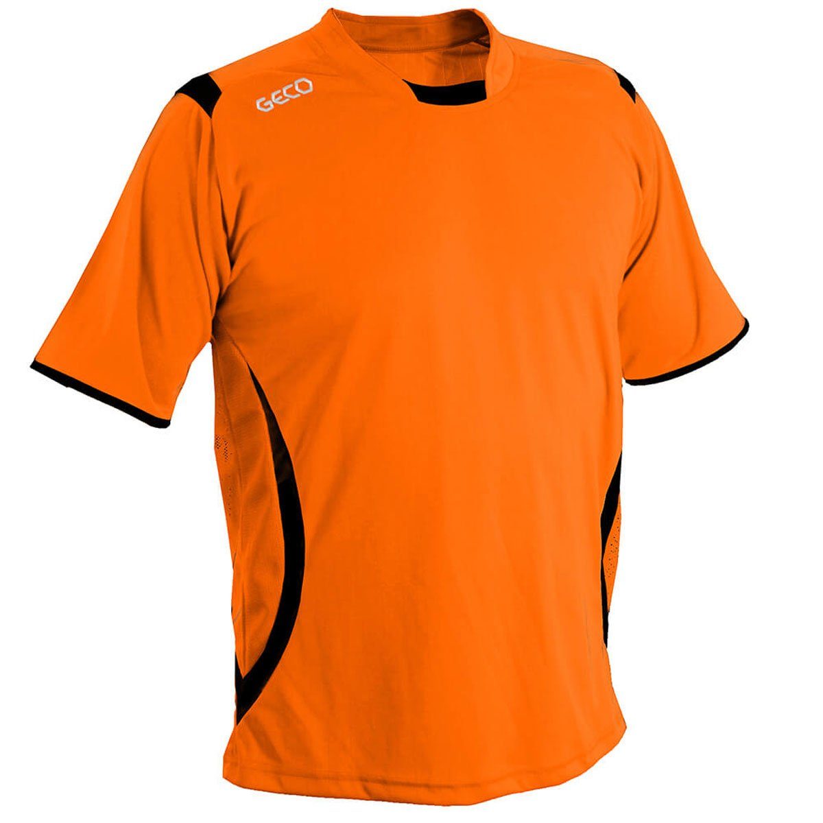 Geco Sportswear Fußballtrikot Fußballtrikot zweifarbig Fußball seitliche Mesh orange/schwarz Einsätze Trikot Levante kurzarm Geco