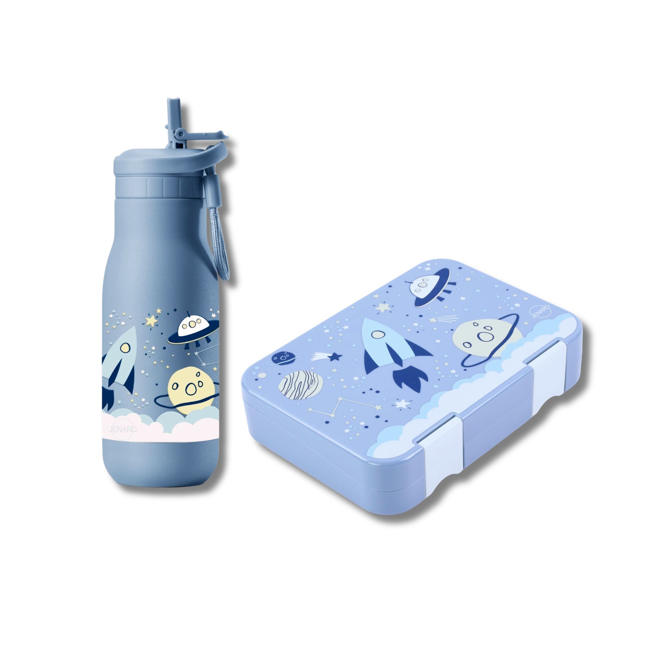 JENARD Lunchbox Brotdosen Set Kinder mit Edelstahl Trinkflasche Weltraum, Edelstahl, PP, (Brotdosen- und Trinkflaschen-Set, 2-teiliges Set, Brotdose und Trinkflasche, Kindergarten-Set, Schul-Set), BPA-frei, Lebensmittelecht, Kindgerecht, Wiederverwendbar,