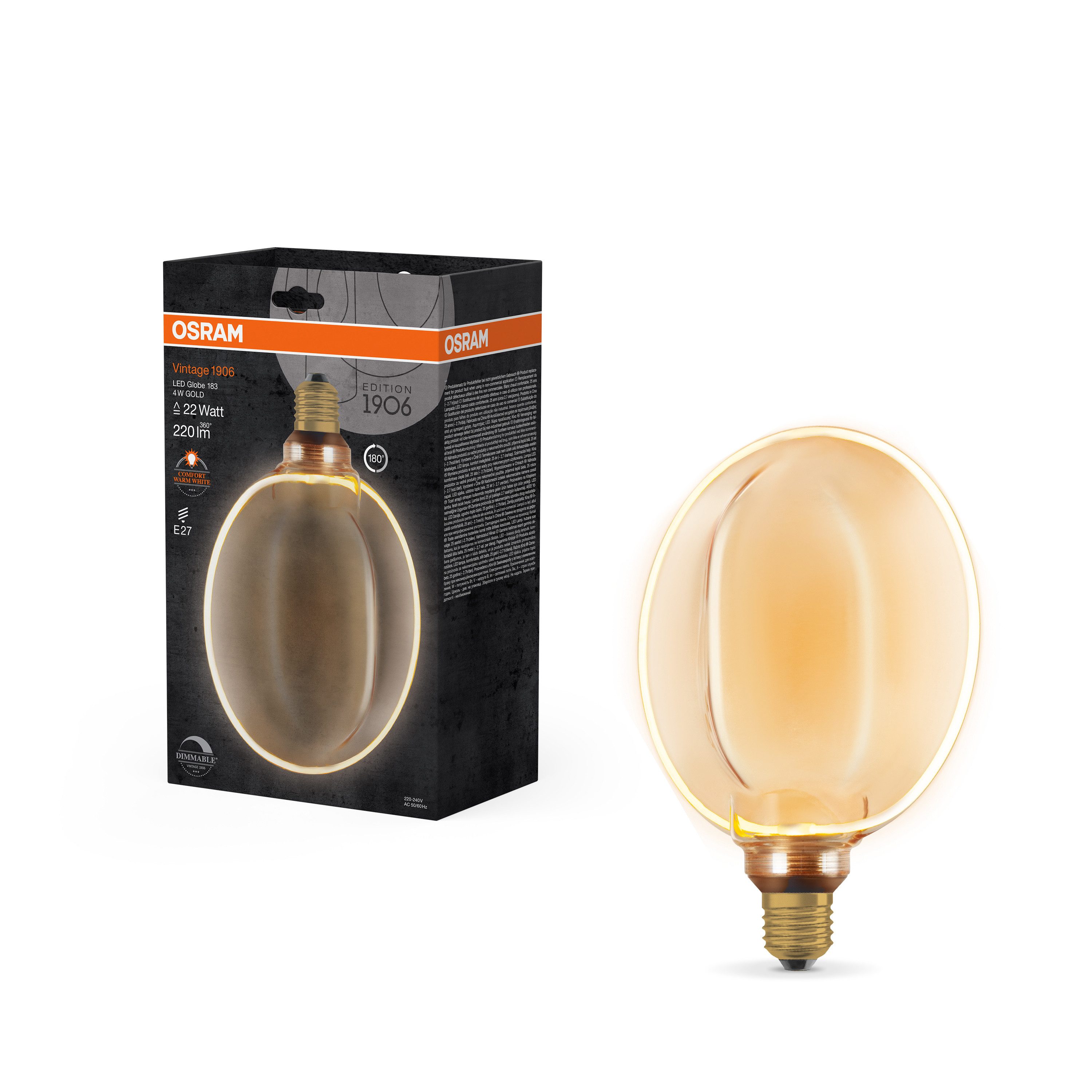 Ledvance LED-Leuchtmittel Vintage 1906 Globe 183 Filament O Lamp DIM 4W 818 Gold E27, E27, 1 St., Komfort warmes Weiß, Lebensdauer bis zu 25.000 h